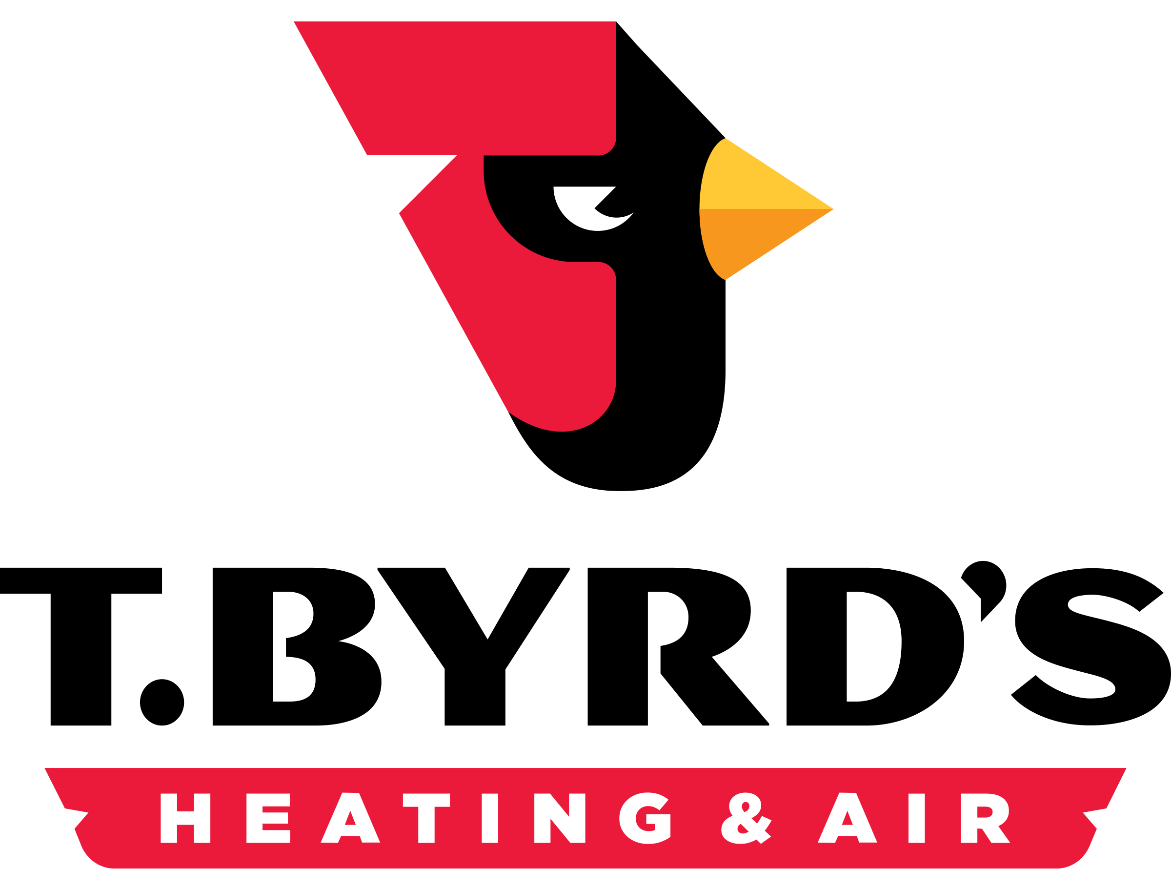 T. Byrd’s Heating and Air primary logo with an angular red-and-black bird head and yellow beak