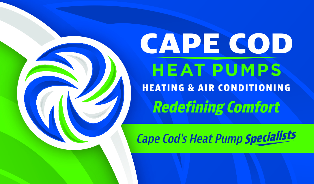 Cape Cod Heat Pumps business-card front with a circular airflow symbol and blue-and-green curved panels