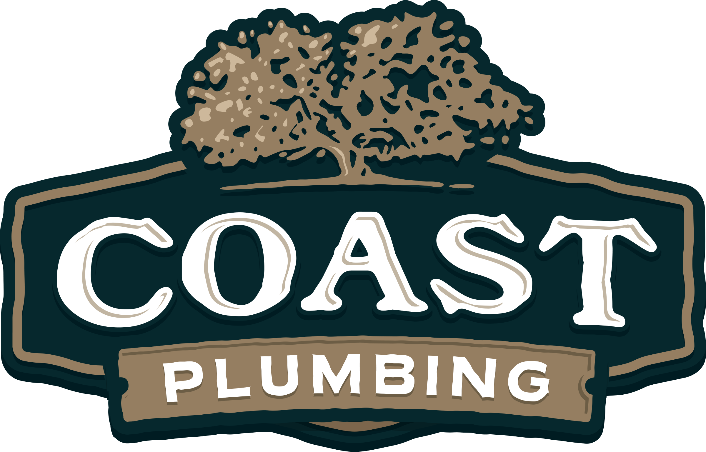 Coast Plumbing primary logo with a spreading tree, serif nameplate and teal-and-tan outlines