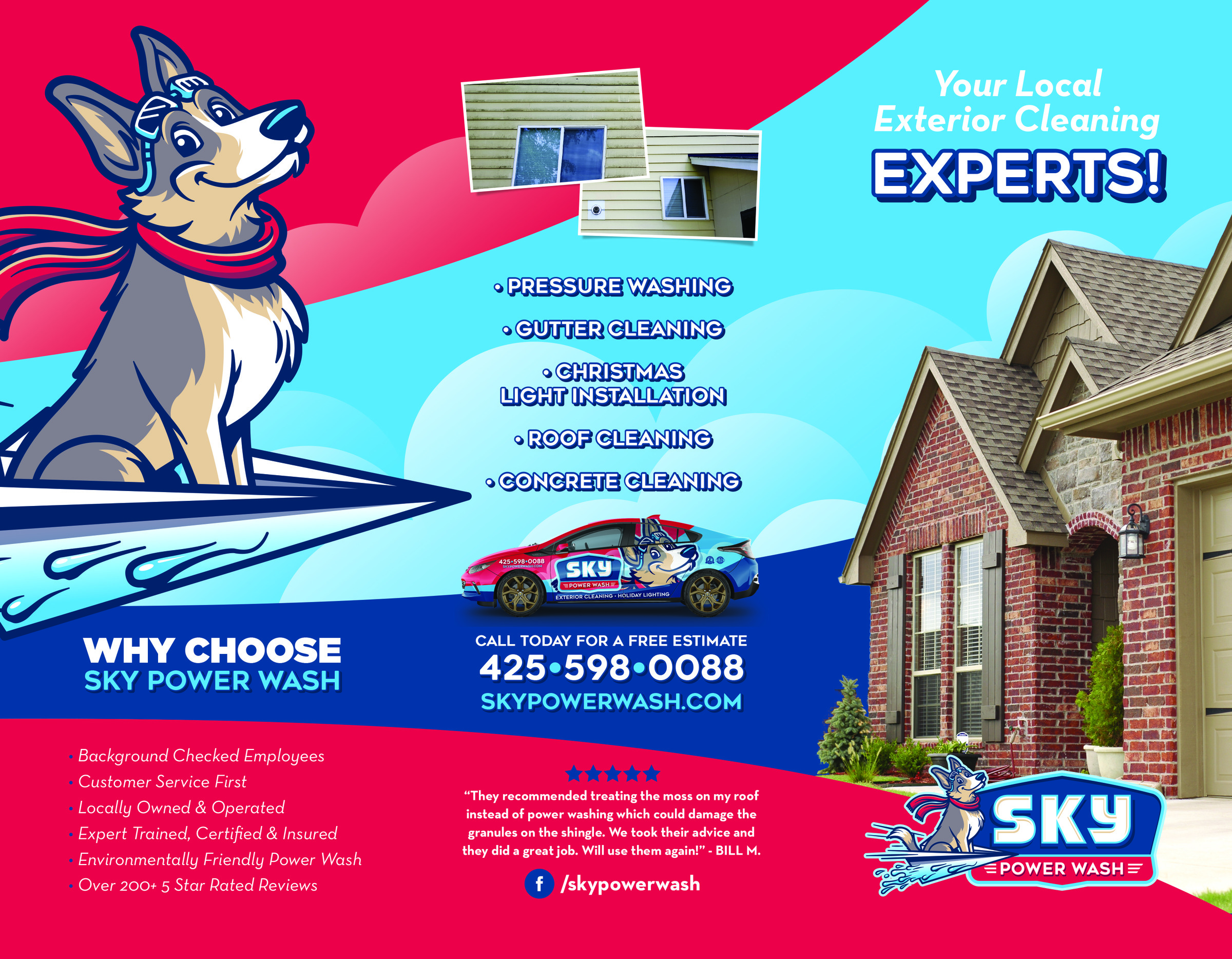 Sky Power Wash brochure artwork using the aviator mascot, red-and-blue graphics and project photography.