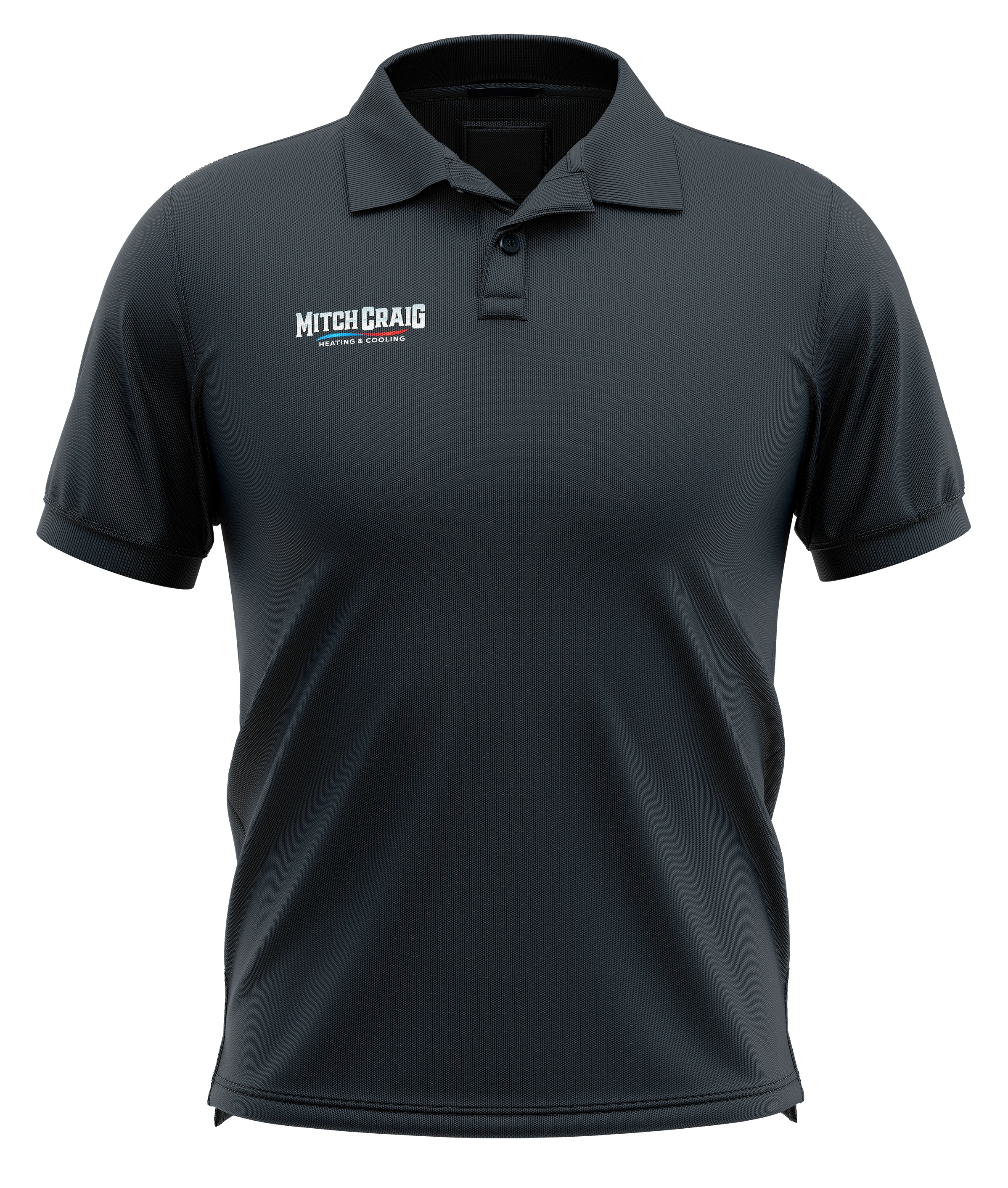 Charcoal Mitch Craig Heating and Cooling polo-shirt mockup with a small chest wordmark