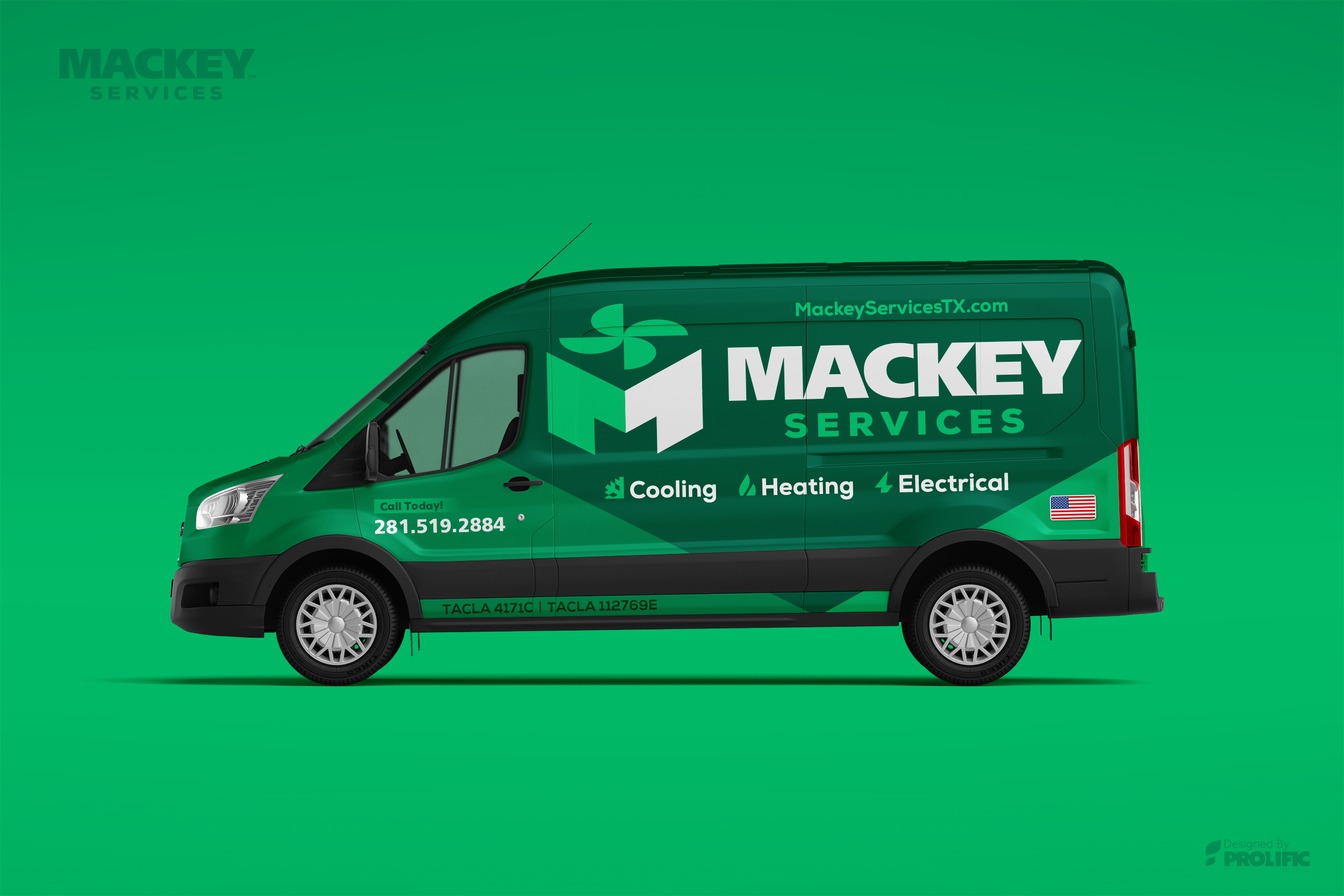 After: Mackey Services finished vehicle wrap mockup.