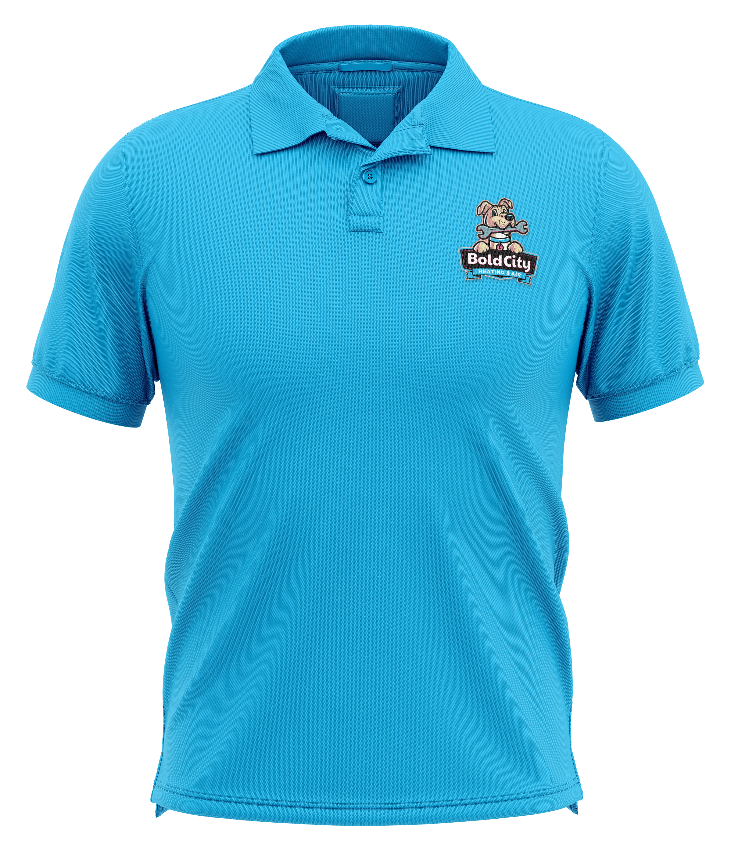 Cyan BoldCity Heating and Air polo-shirt mockup with a small dog-and-wordmark chest logo