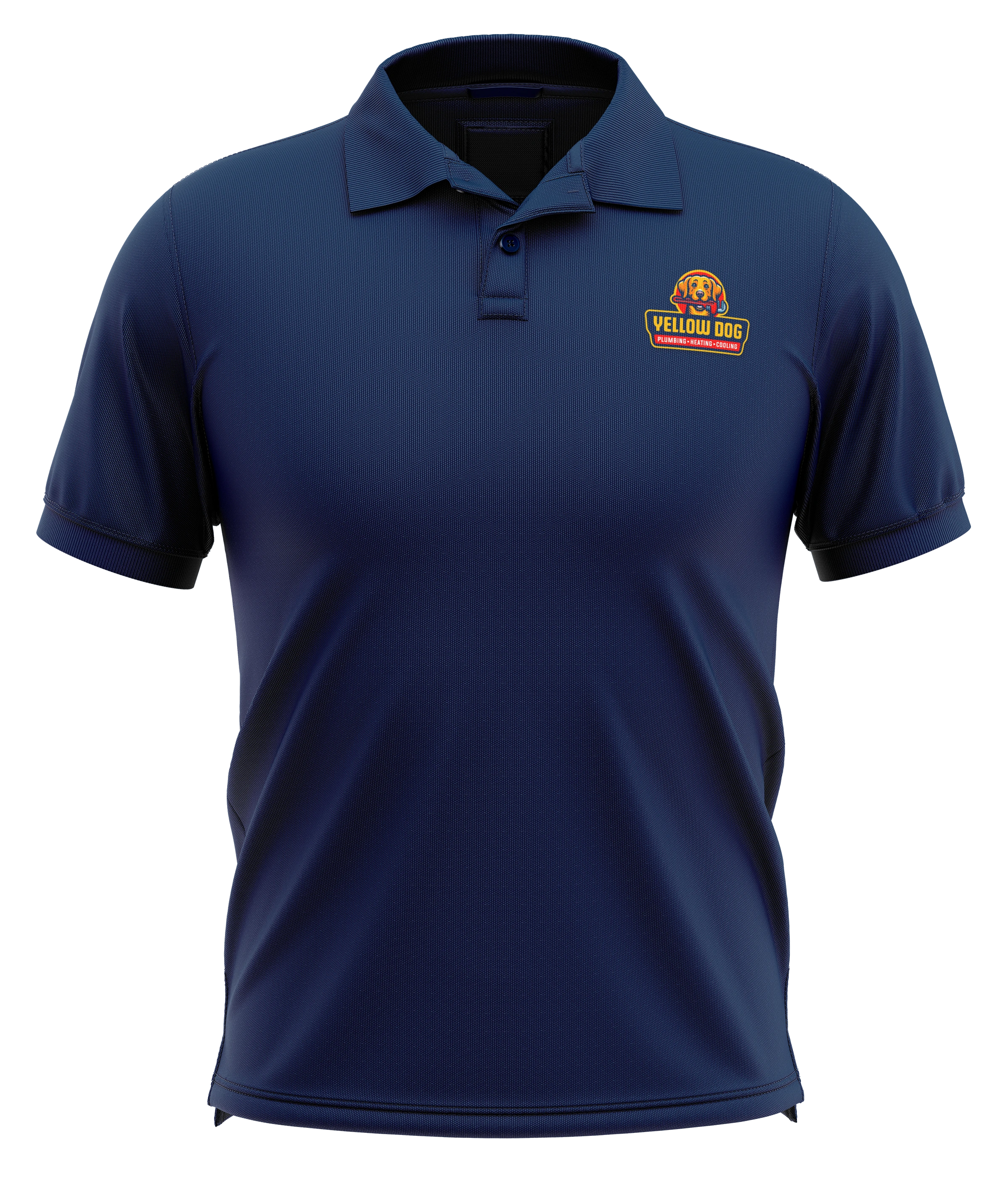 Navy Yellow Dog polo-shirt mockup with a small yellow dog-and-wordmark chest logo