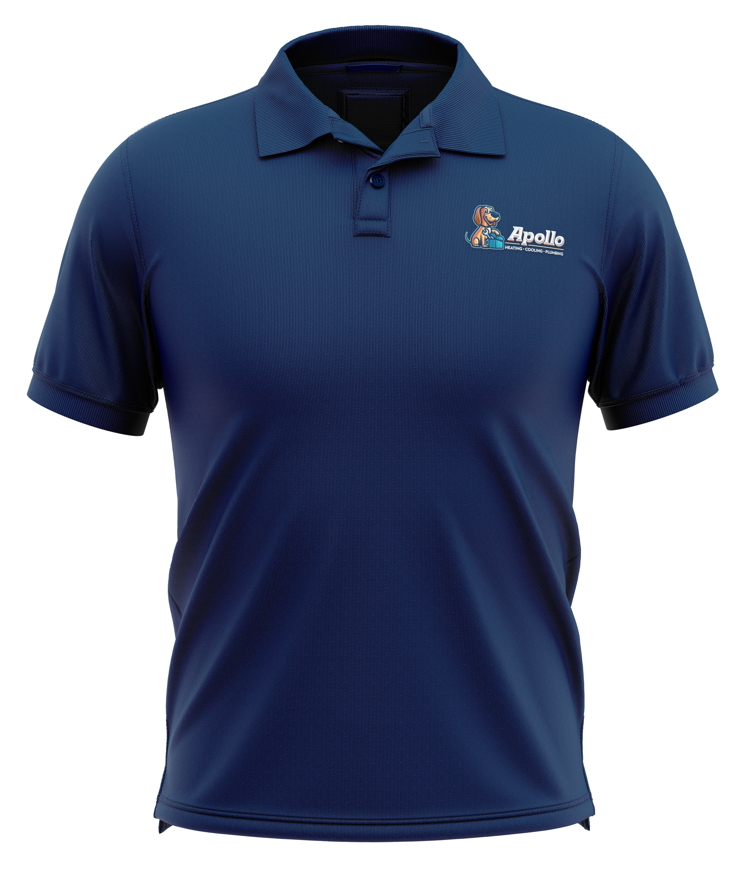 Navy Apollo polo-shirt mockup with a small dog-and-wordmark chest logo