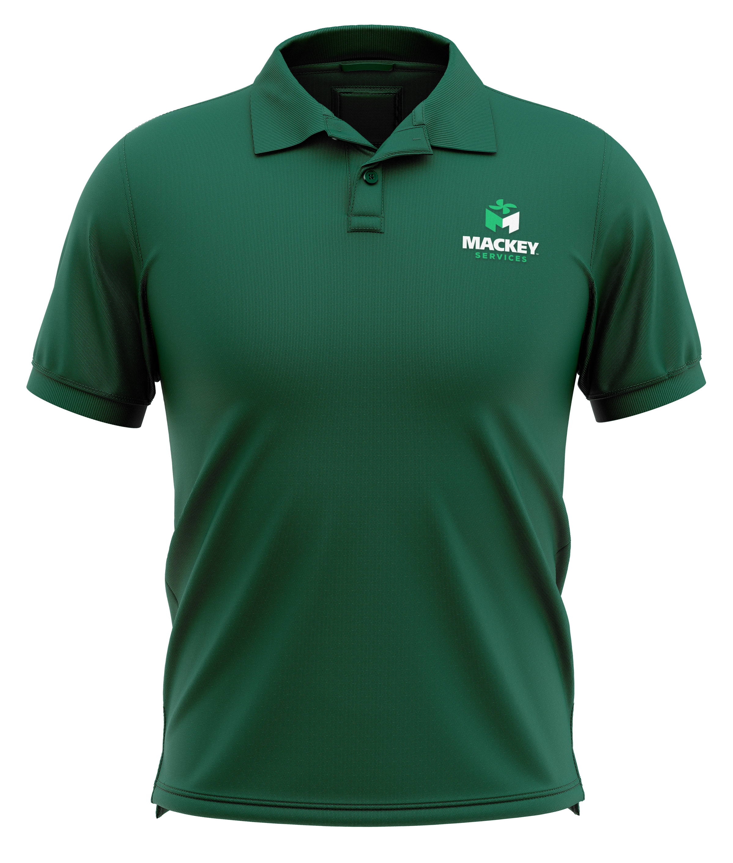 Green Mackey Services polo-shirt mockup with a small white-and-green chest logo