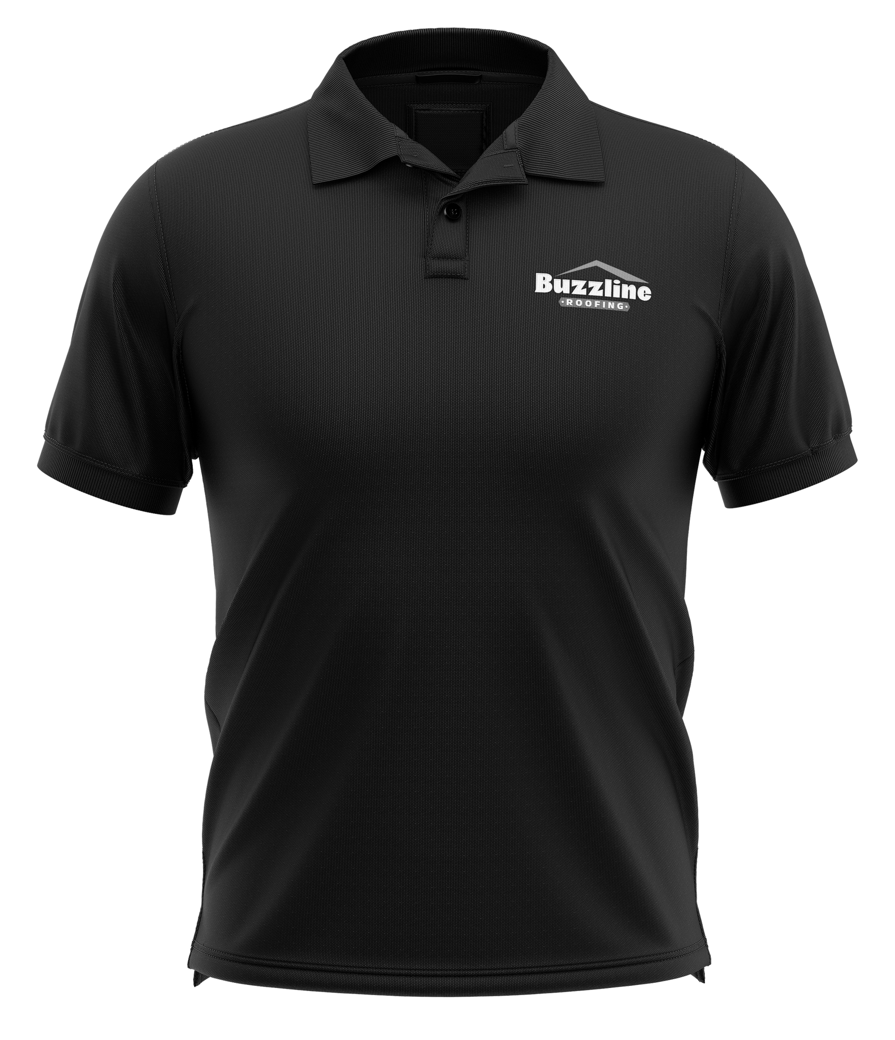 Black Buzzline Roofing polo-shirt mockup with a white wordmark on the chest.