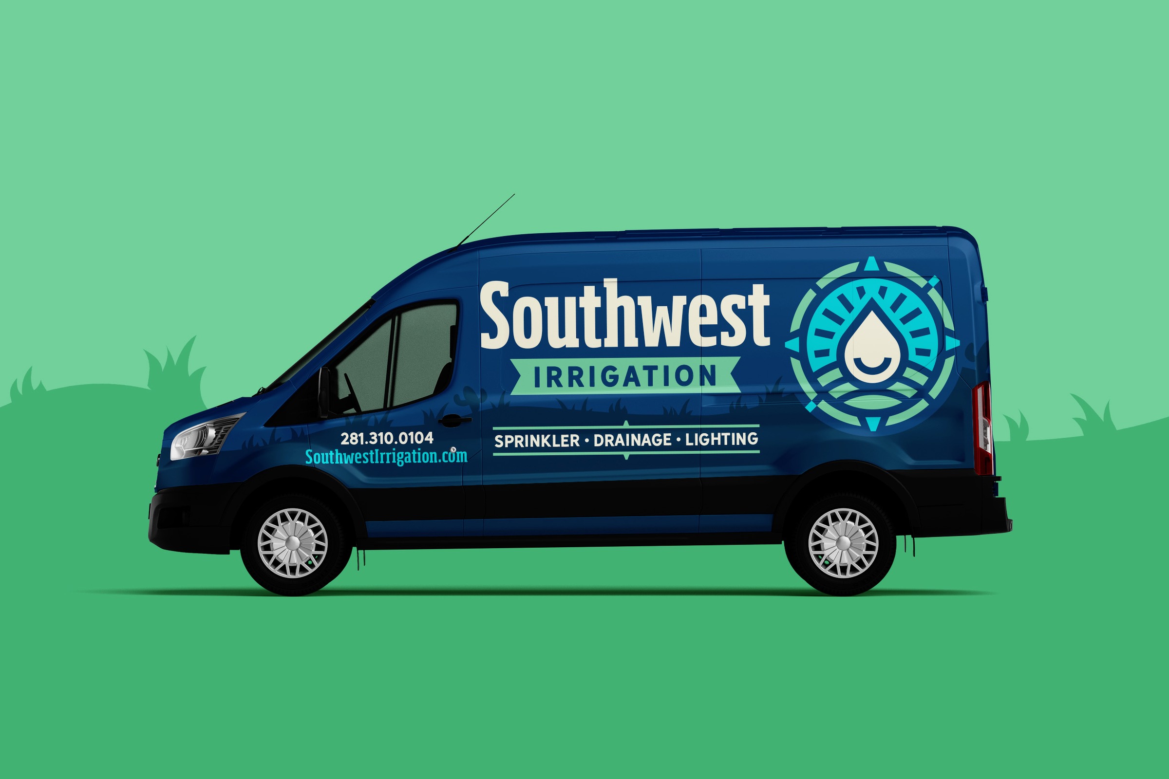 Southwest Irrigation Transit-van mockup with a large wordmark and circular water-drop graphic.