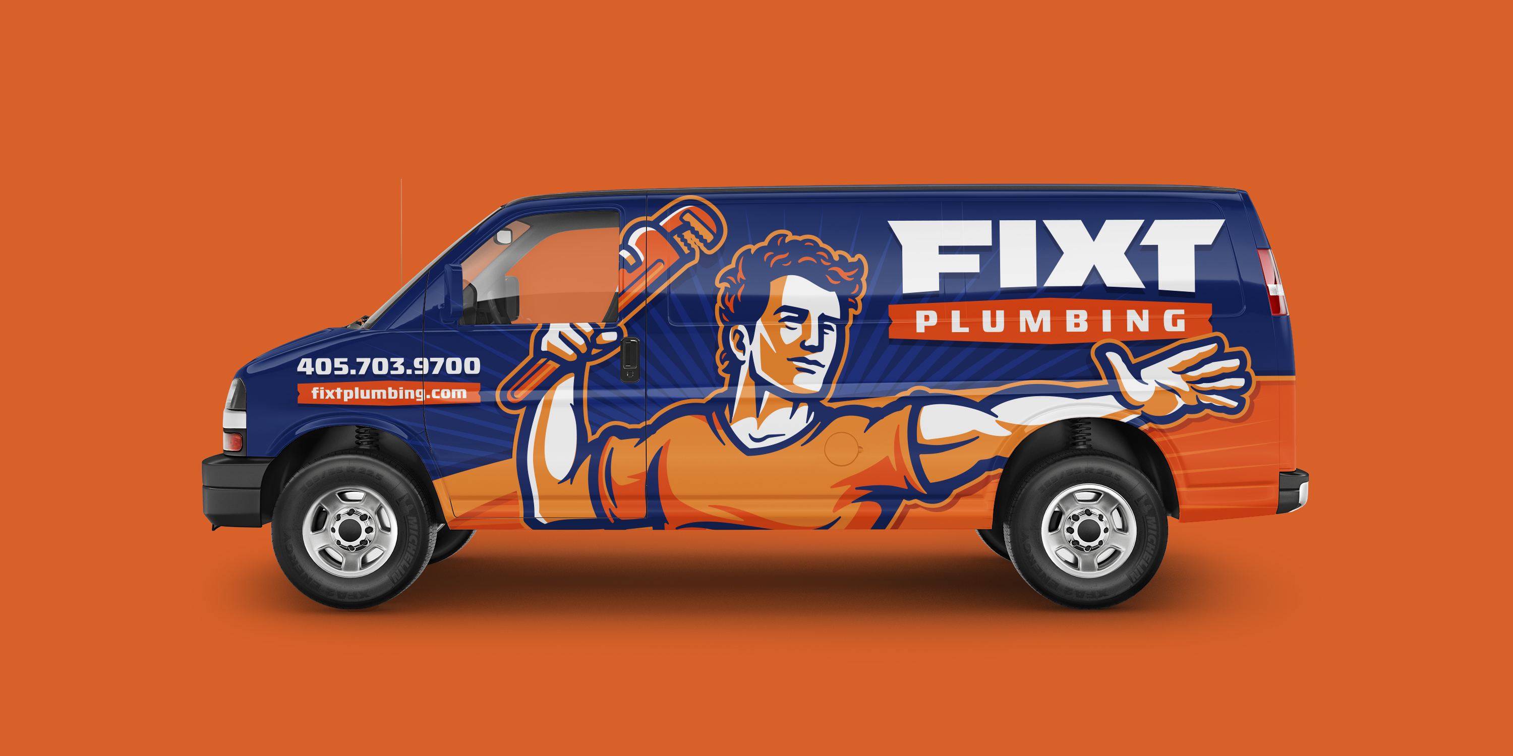 Fixt Plumbing Express-van mockup with a large illustrated plumber and navy-and-orange side graphics