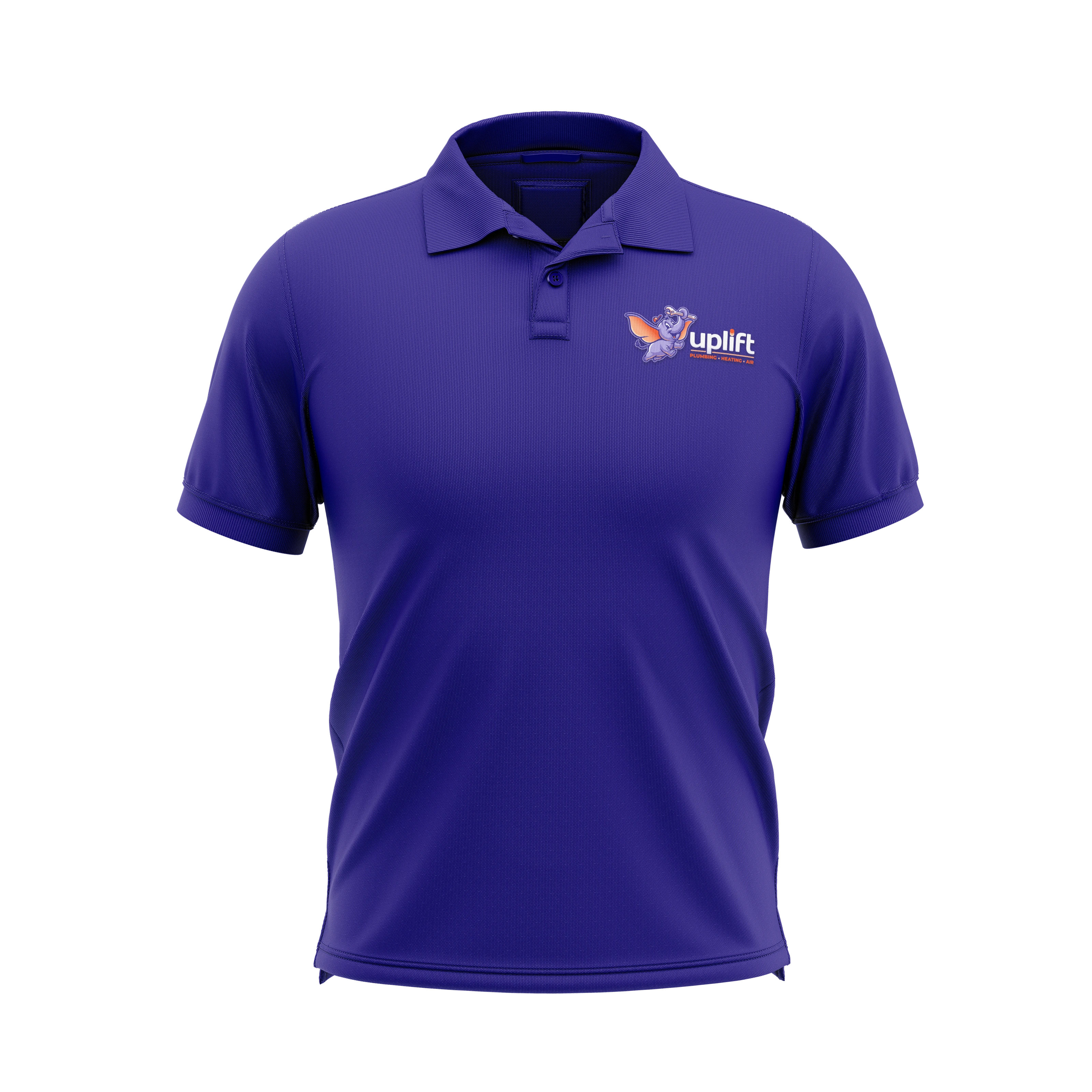 Purple Uplift polo-shirt mockup with a small elephant-and-wordmark chest logo