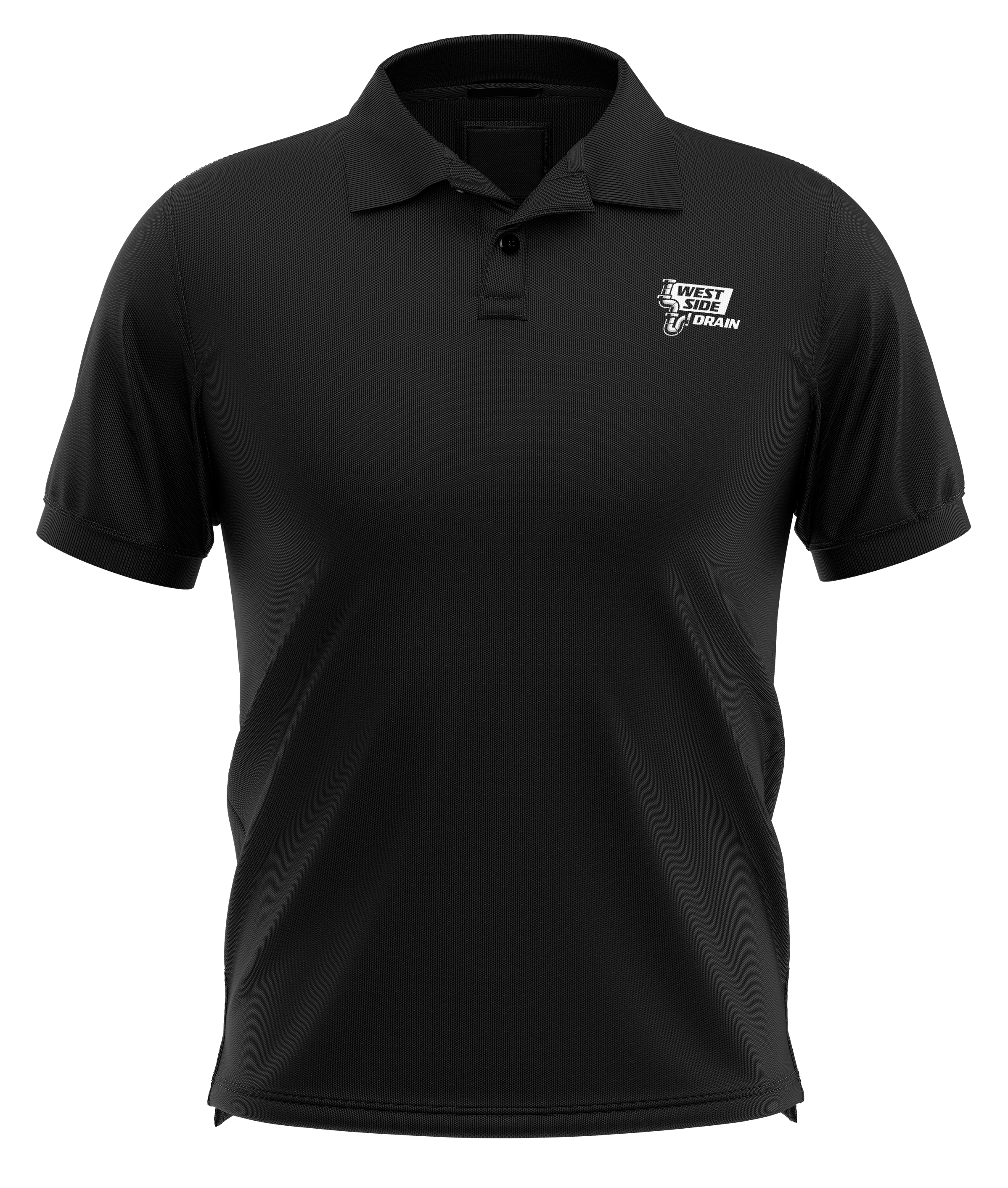 Black West Side Drain polo-shirt mockup with a small white chest logo