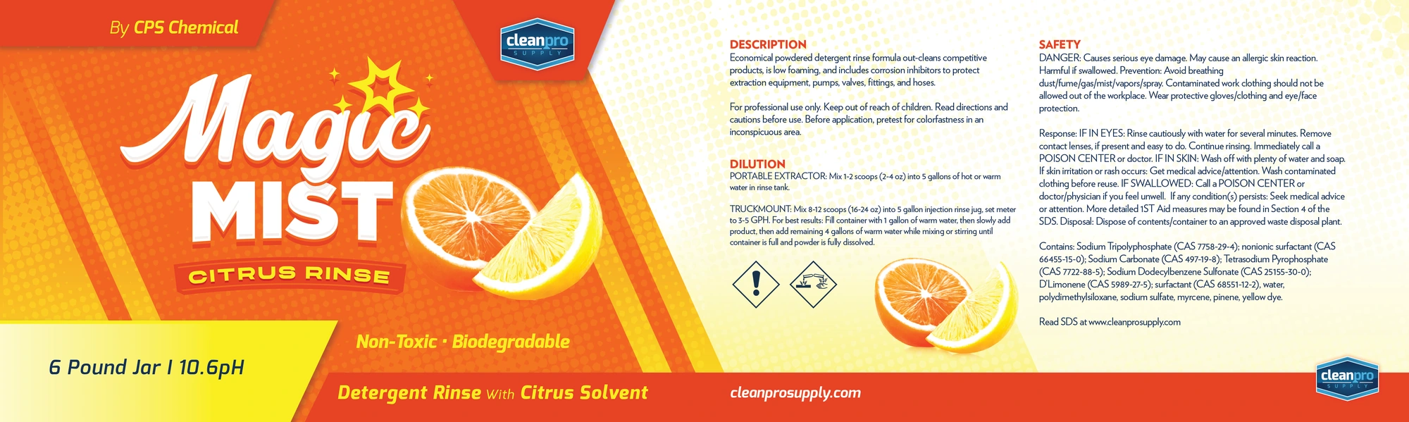 CleanPro Supply Magic Mist citrus-rinse product label with orange graphics and citrus imagery.