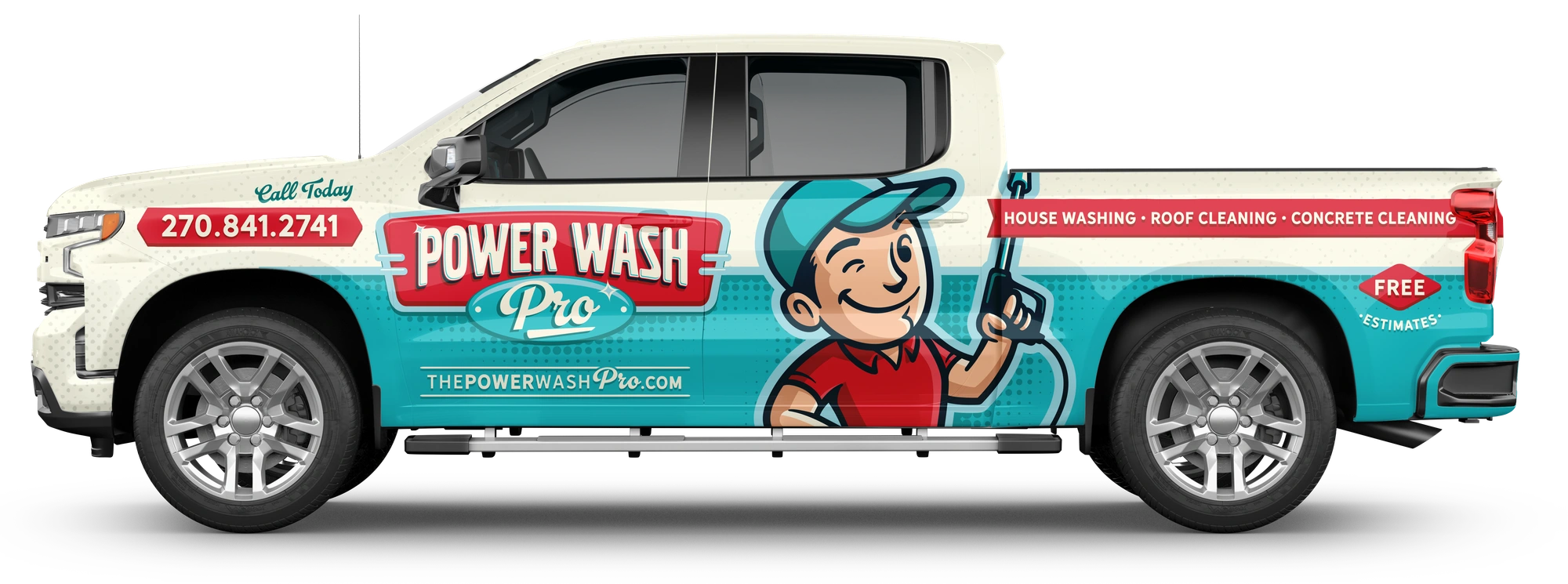 Power Wash Pro pickup-wrap mockup with cream, teal and red graphics and a large technician mascot.