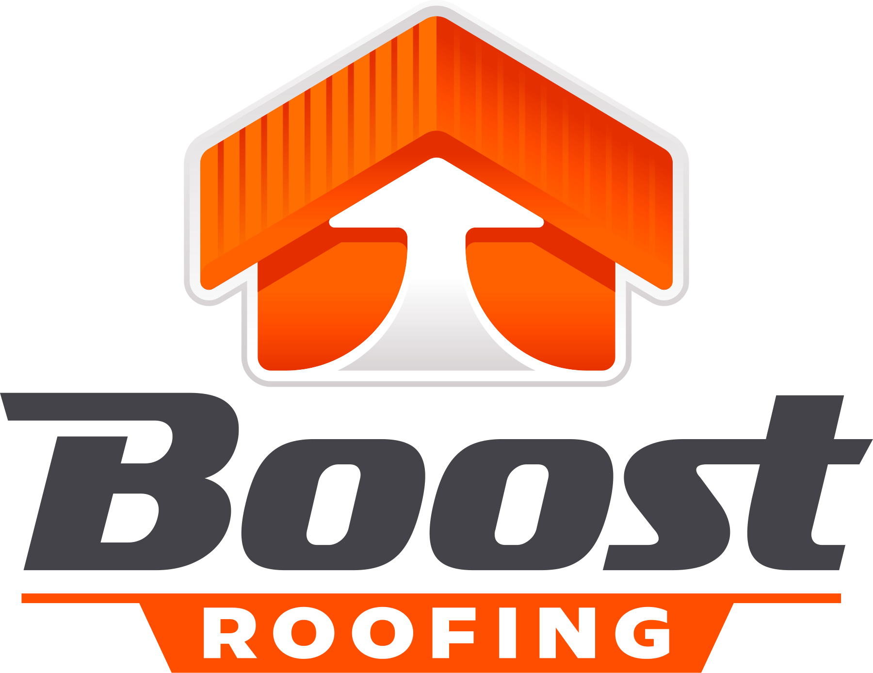 Boost Roofing orange roof-and-upward-arrow emblem with a charcoal wordmark.