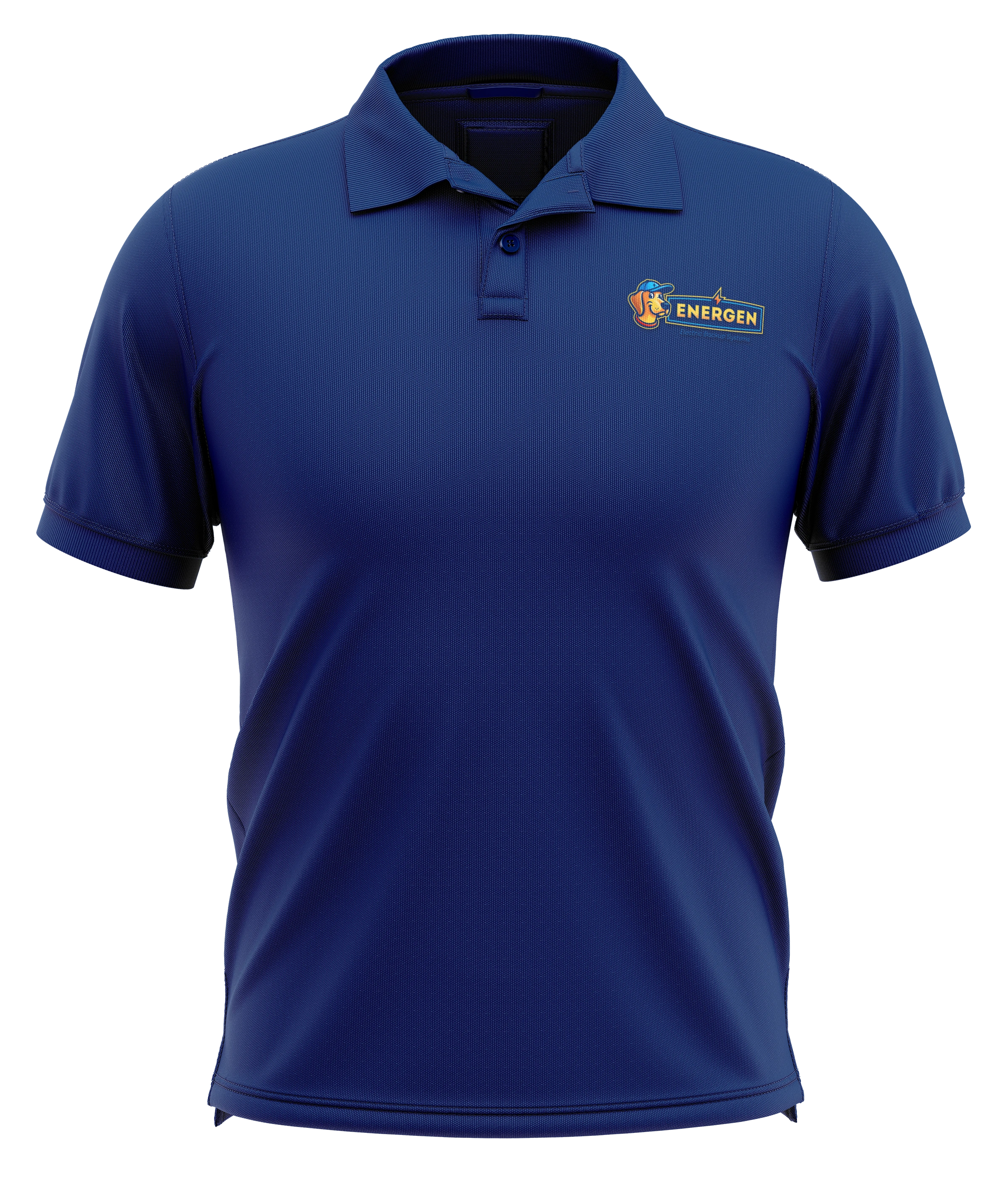 Navy Energen polo-shirt mockup with a small dog-and-wordmark chest logo