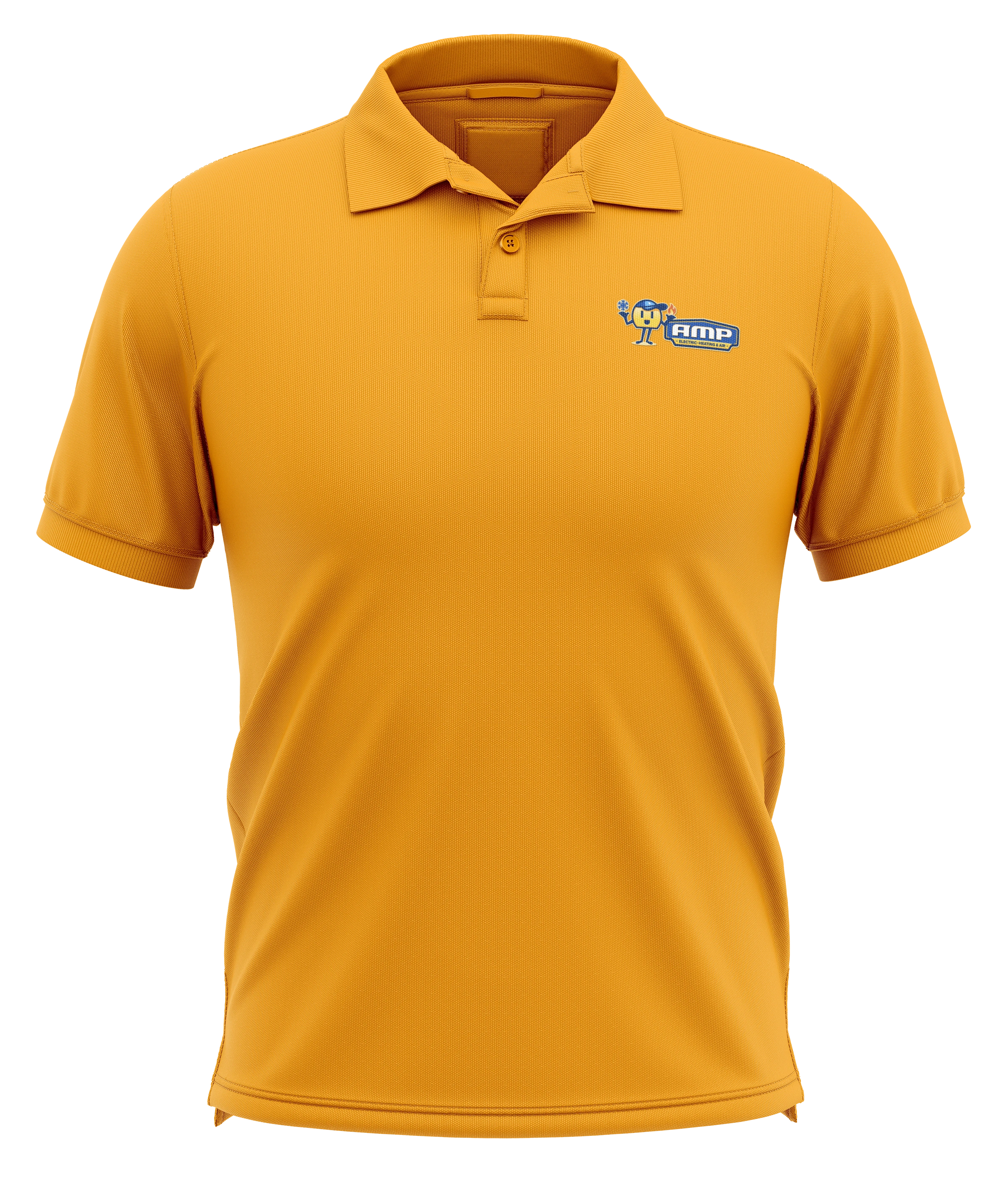 Golden-yellow AMP polo-shirt mockup with a small plug-mascot chest logo