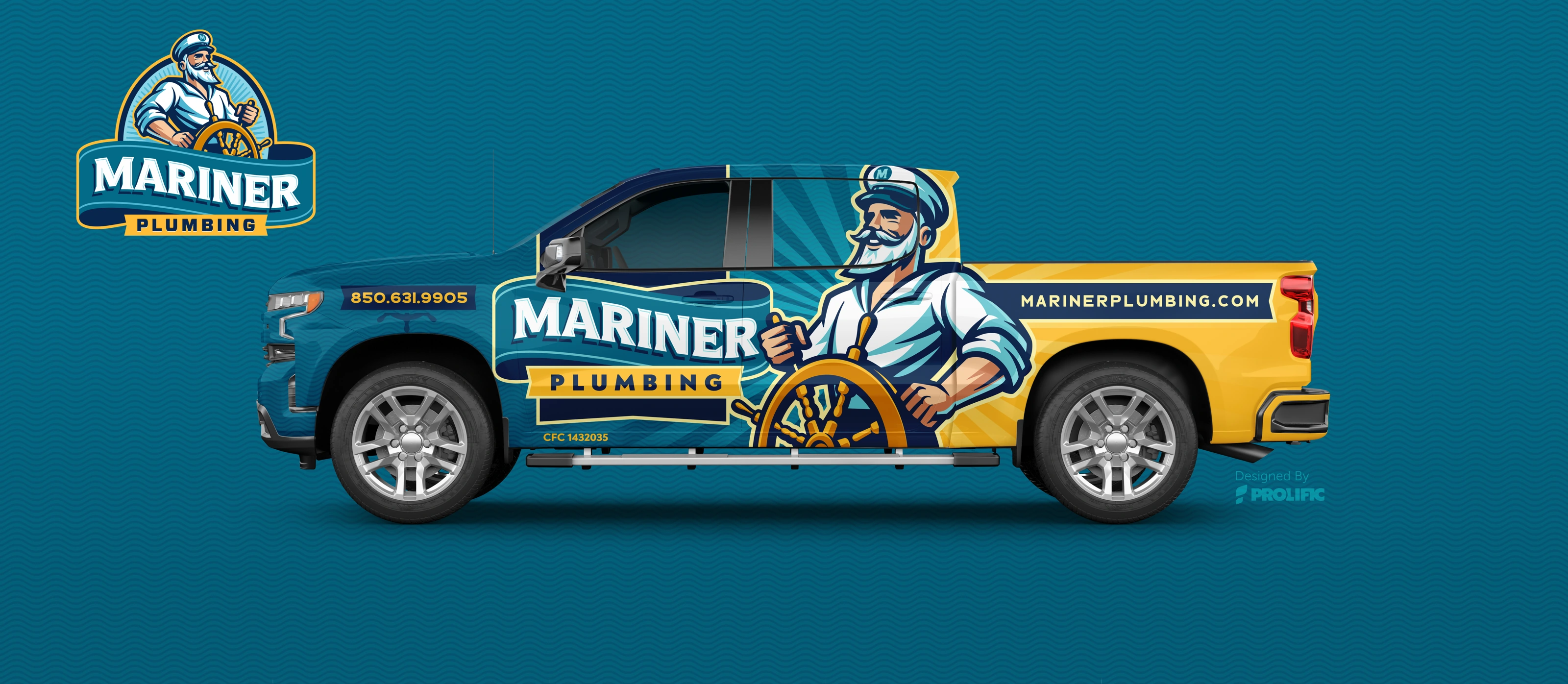 Mariner Plumbing pickup-truck mockup with a captain mascot and teal-and-yellow side graphics