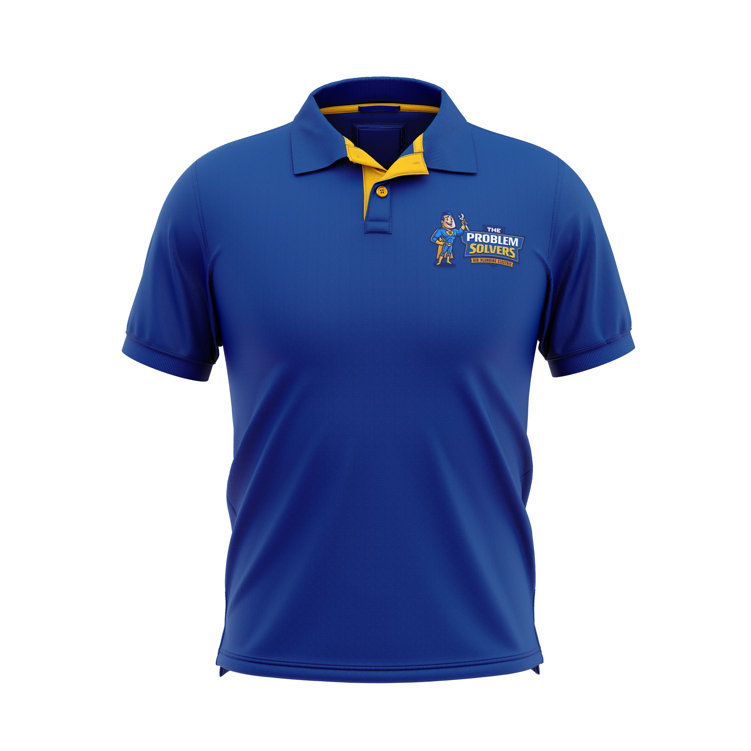 Blue Problem Solvers polo-shirt mockup with yellow placket detail and the superhero logo at the chest.