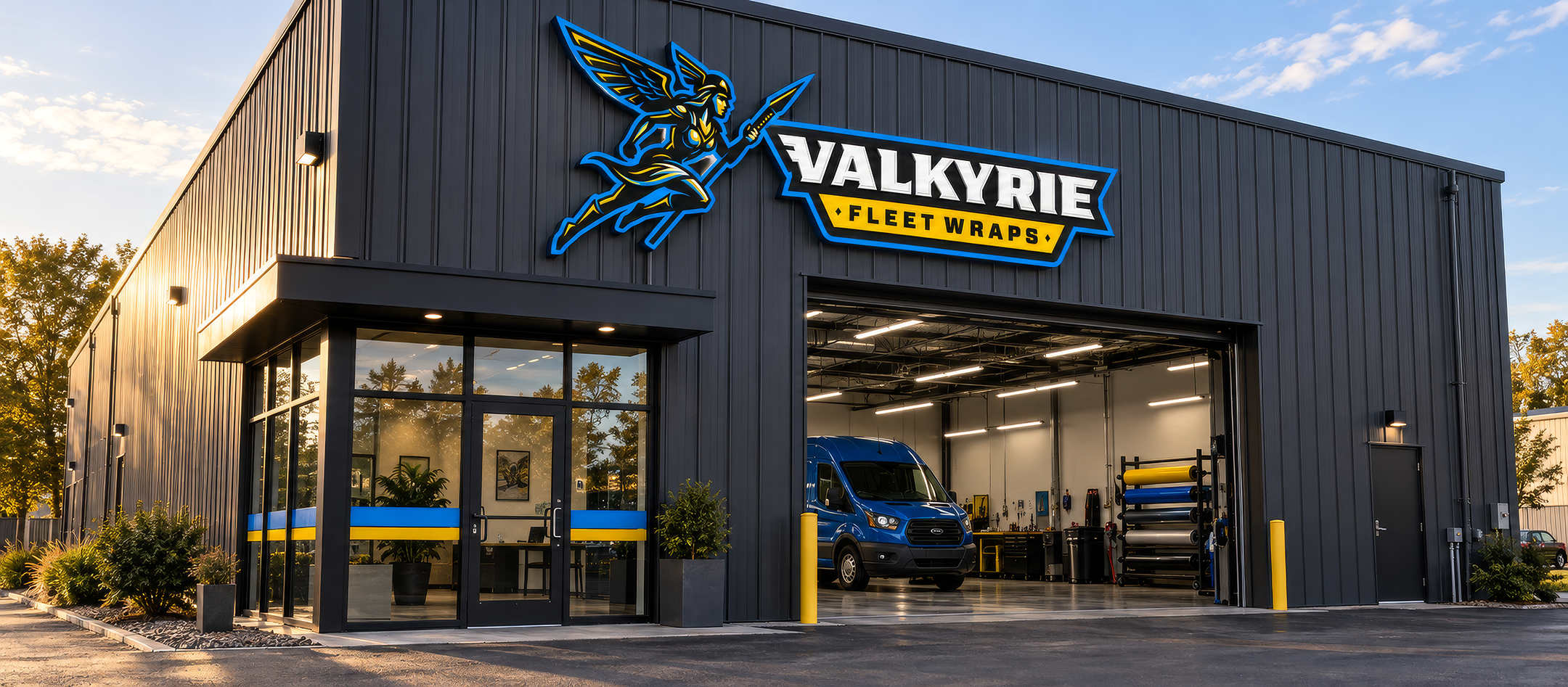 Valkyrie Fleet Wraps sign on the shop building