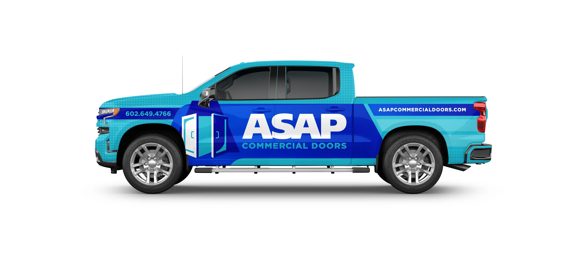 Original final ASAP Commercial Doors pickup wrap mockup in cyan and royal blue.