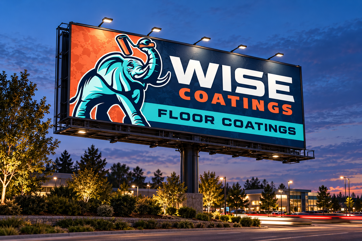 Wise Coatings billboard with the elephant mascot at dusk