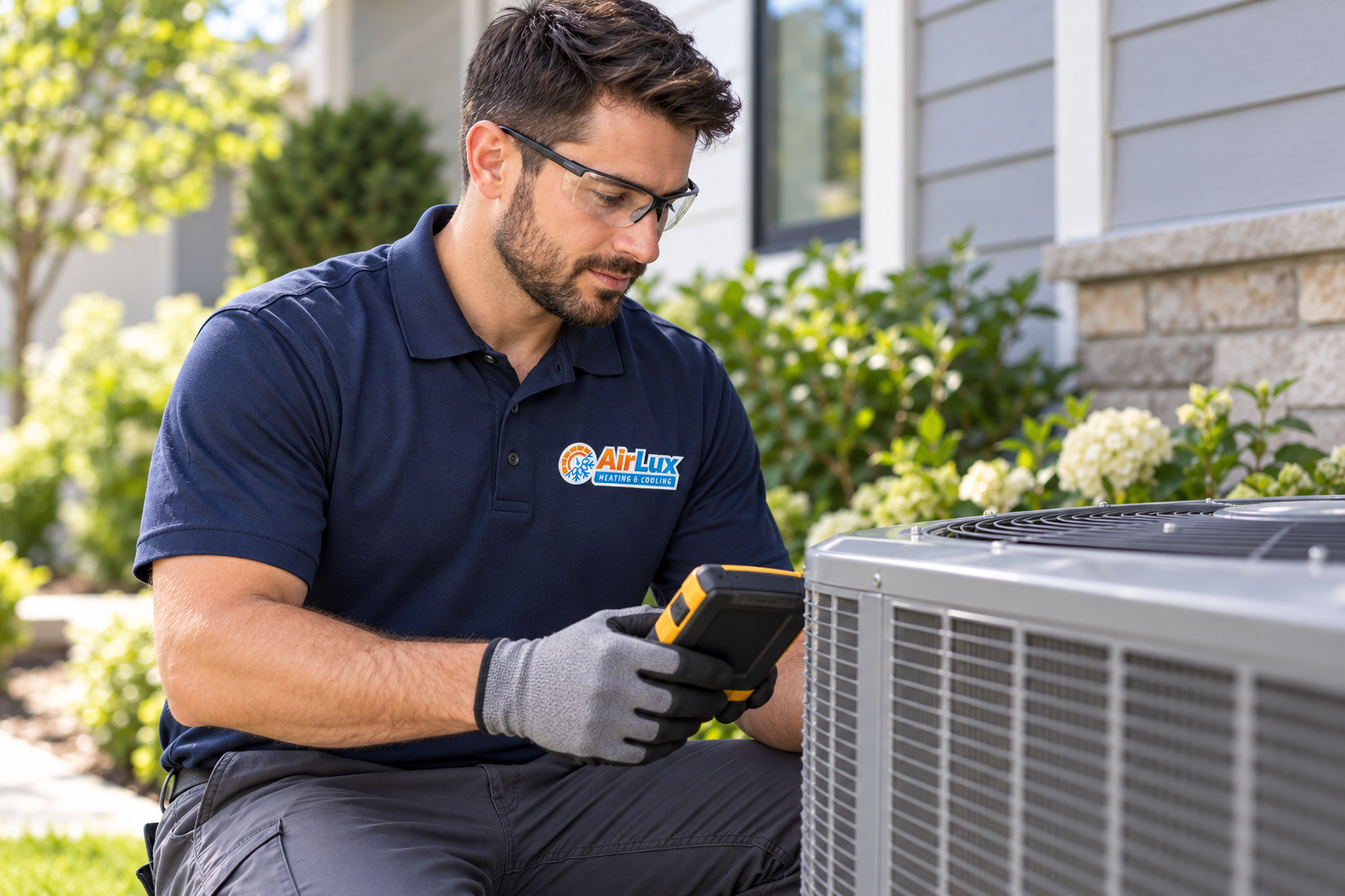 AI-generated brand concept for AirLux Heating and Cooling: technician jobsite.