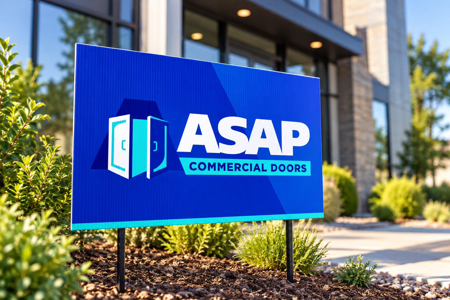 AI-generated brand concept for ASAP Commercial Doors: yard sign.