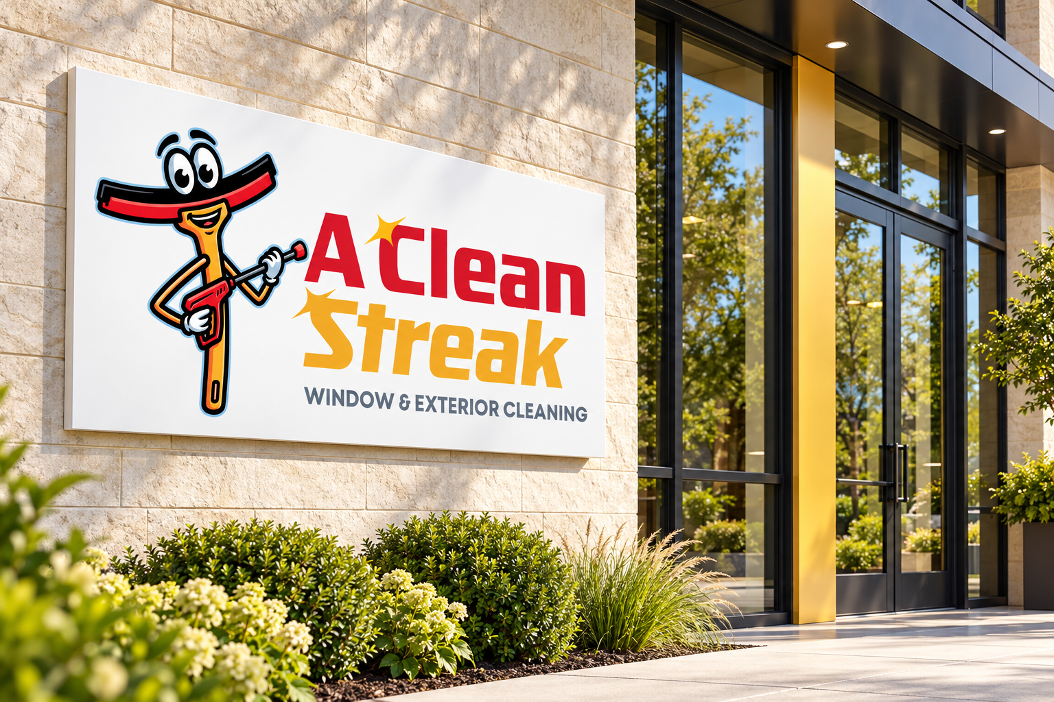 AI-generated brand concept for A Clean Streak: exterior signage.
