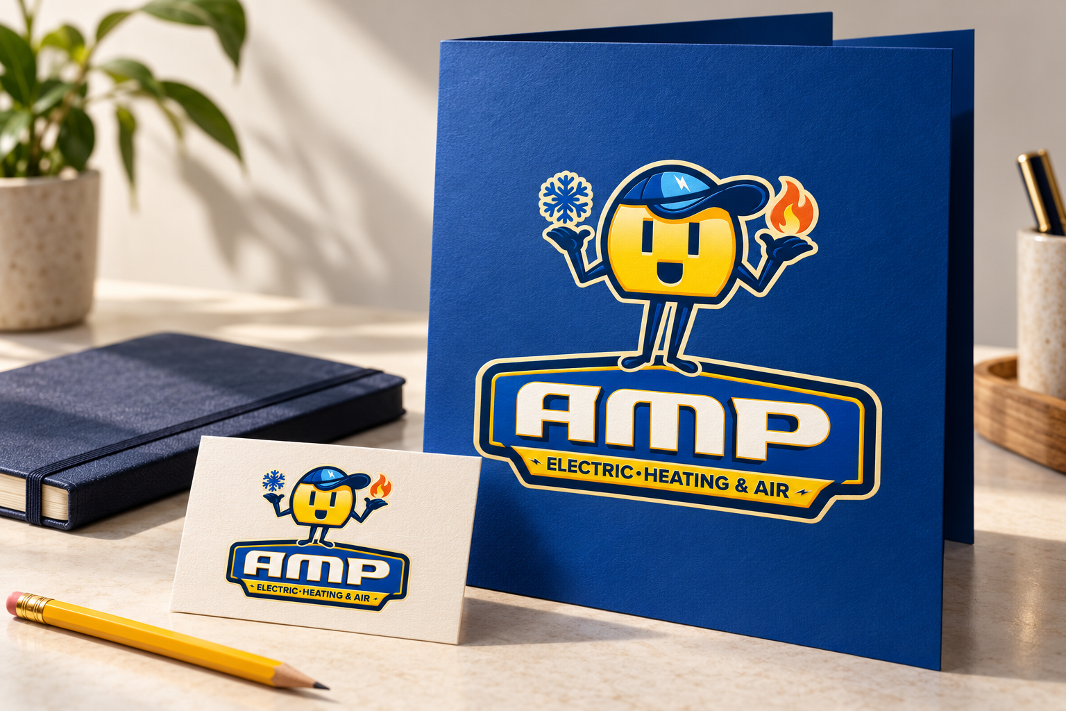 AI-generated brand concept for AMP Electric Heating and Air: presentation folder stationery.
