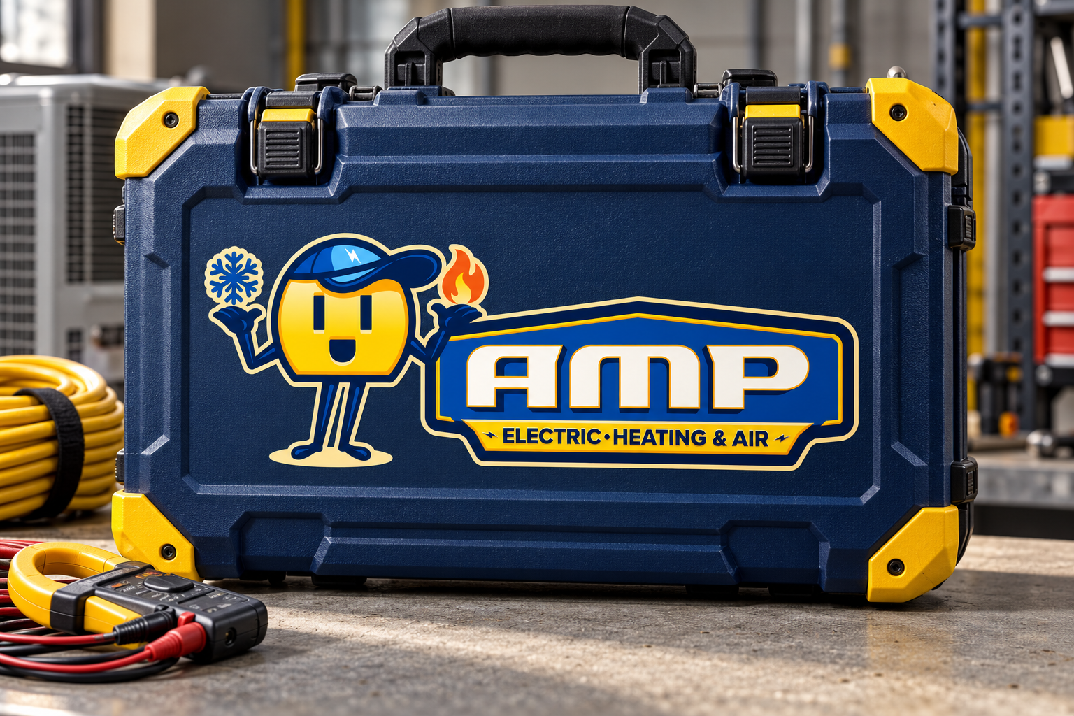 AI-generated brand concept for AMP Electric Heating and Air: service kit hard case.