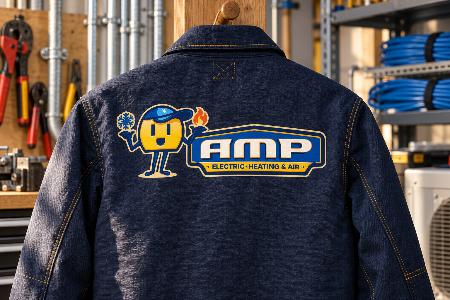 AI-generated brand concept for AMP Electric Heating and Air: workwear service jacket.