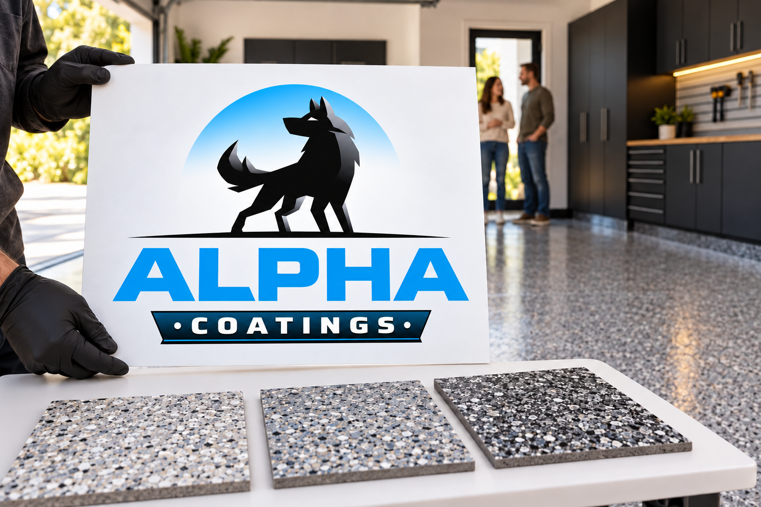 AI-generated brand concept for Alpha Coatings: garage consultation.