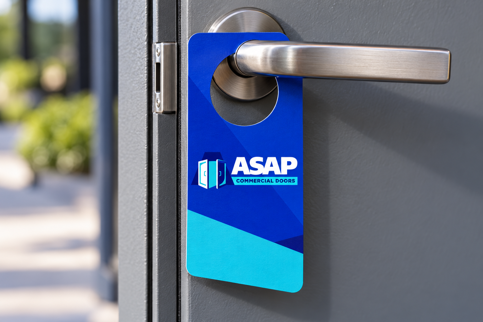 AI-generated brand concept for ASAP Commercial Doors: door hanger.