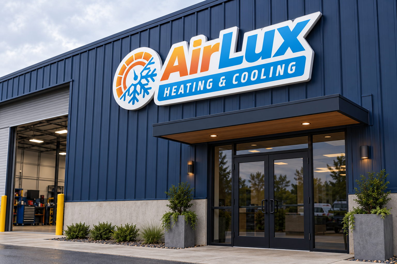 AI-generated brand concept for AirLux Heating and Cooling: workshop dimensional sign.