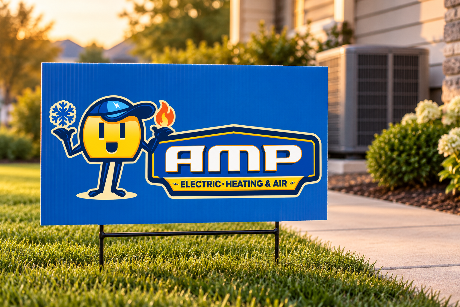 AI-generated brand concept for AMP Electric Heating and Air: outdoor service sign.