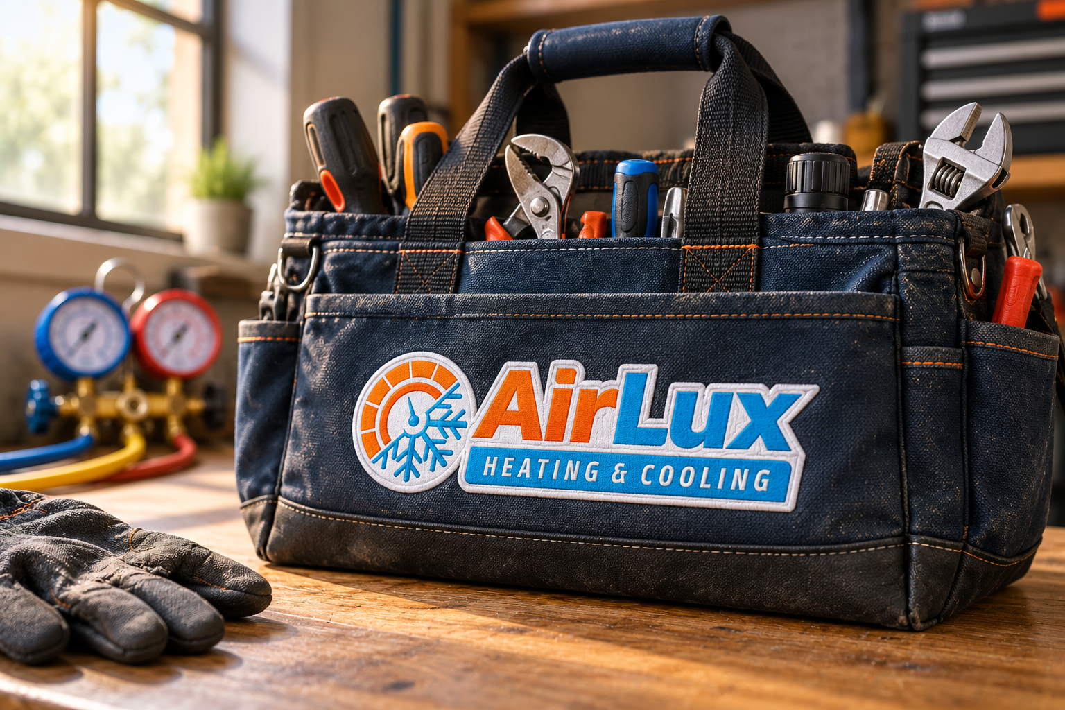 AI-generated brand concept for AirLux Heating and Cooling: hvac tool tote.