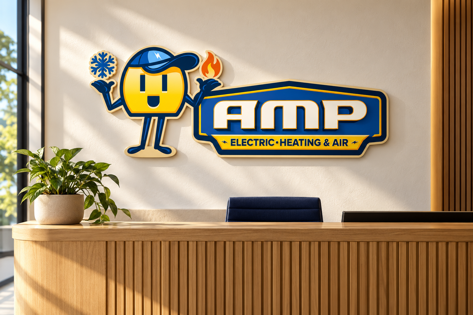 AI-generated brand concept for AMP Electric Heating and Air: reception wall sign.