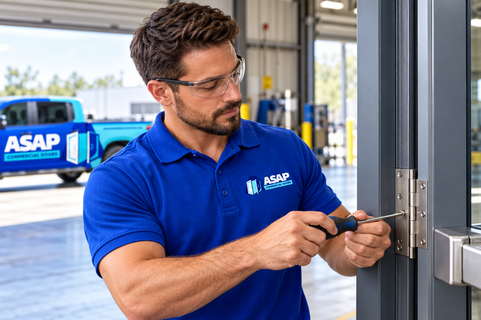 AI-generated brand concept for ASAP Commercial Doors: technician hinge.