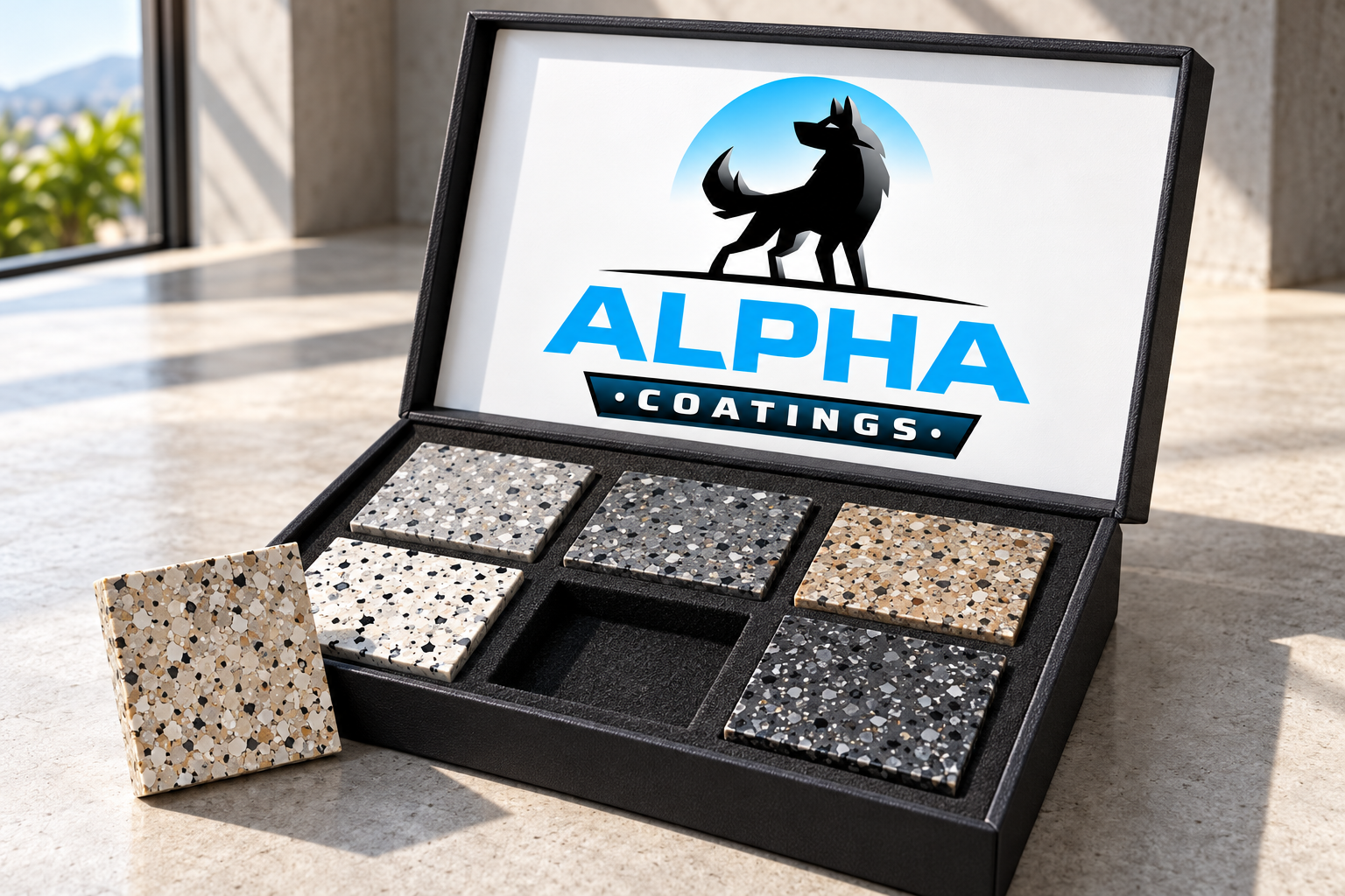 AI-generated brand concept for Alpha Coatings: material sample case.