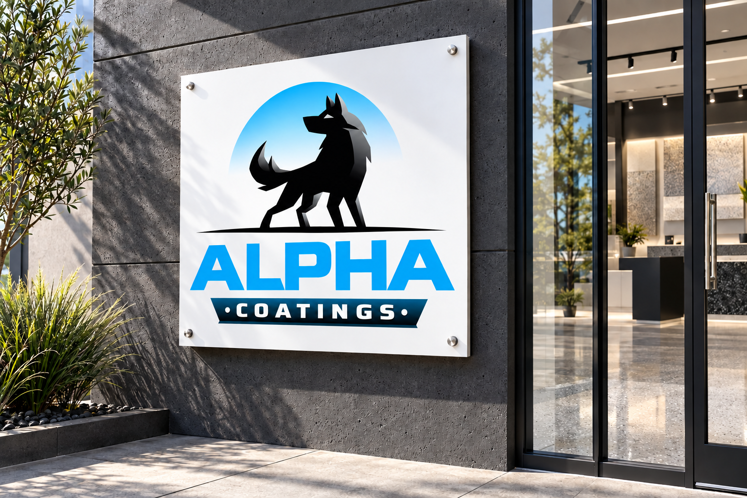 AI-generated brand concept for Alpha Coatings: studio exterior sign.