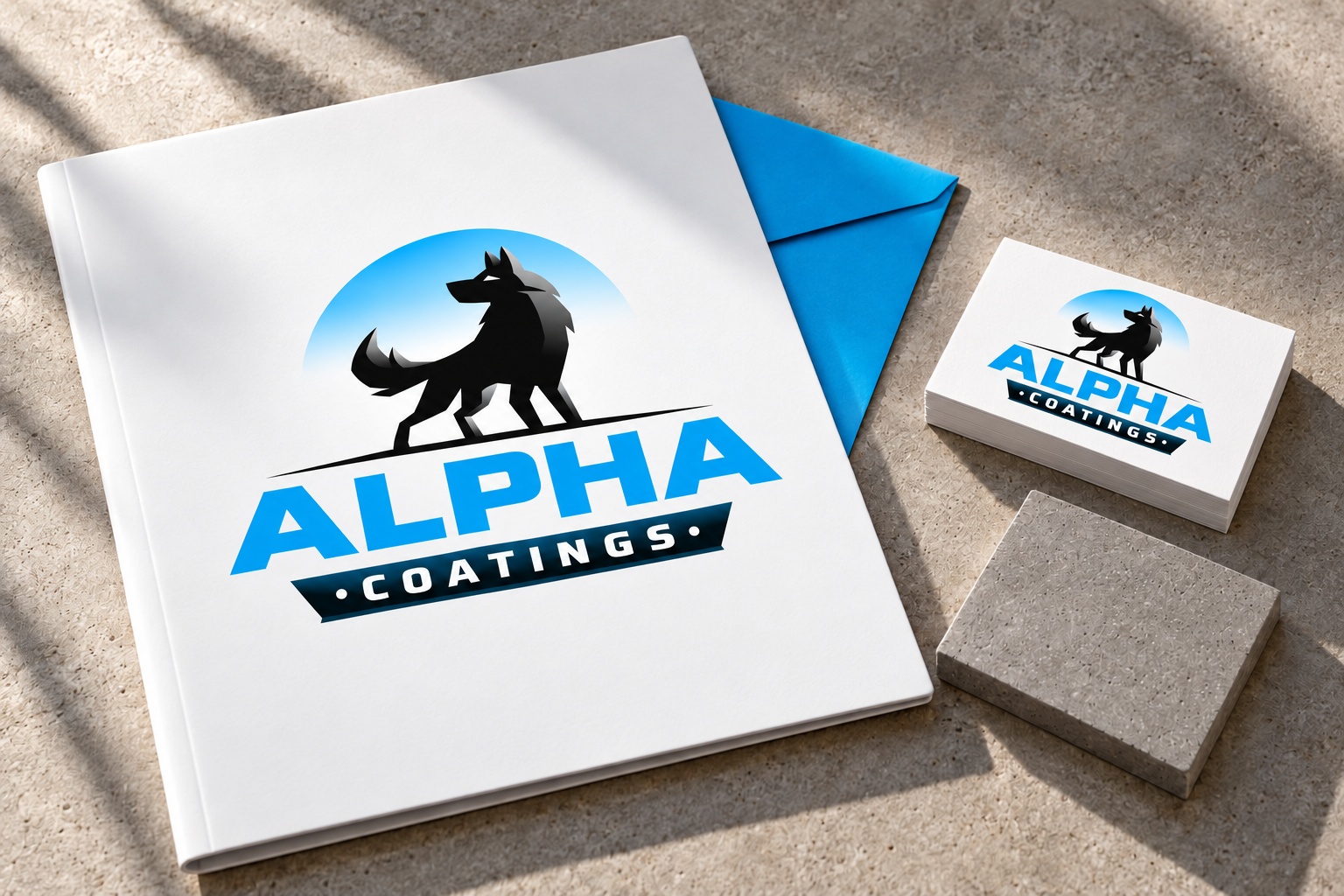 AI-generated brand concept for Alpha Coatings: presentation collateral.