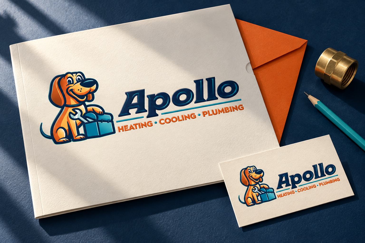 AI-generated brand concept for Apollo Heating Cooling Plumbing: service welcome folio.