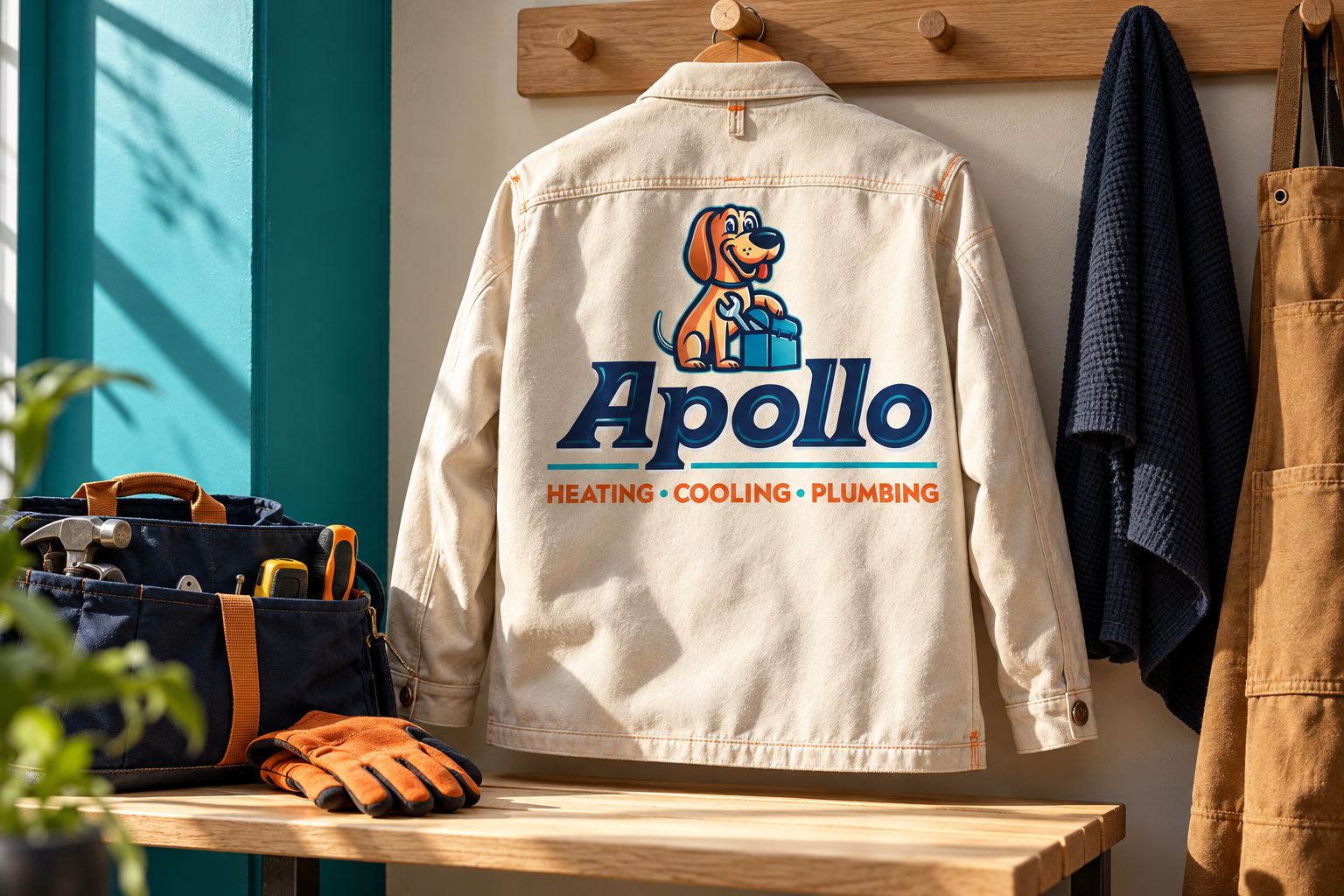 AI-generated brand concept for Apollo Heating Cooling Plumbing: technician workwear kit.