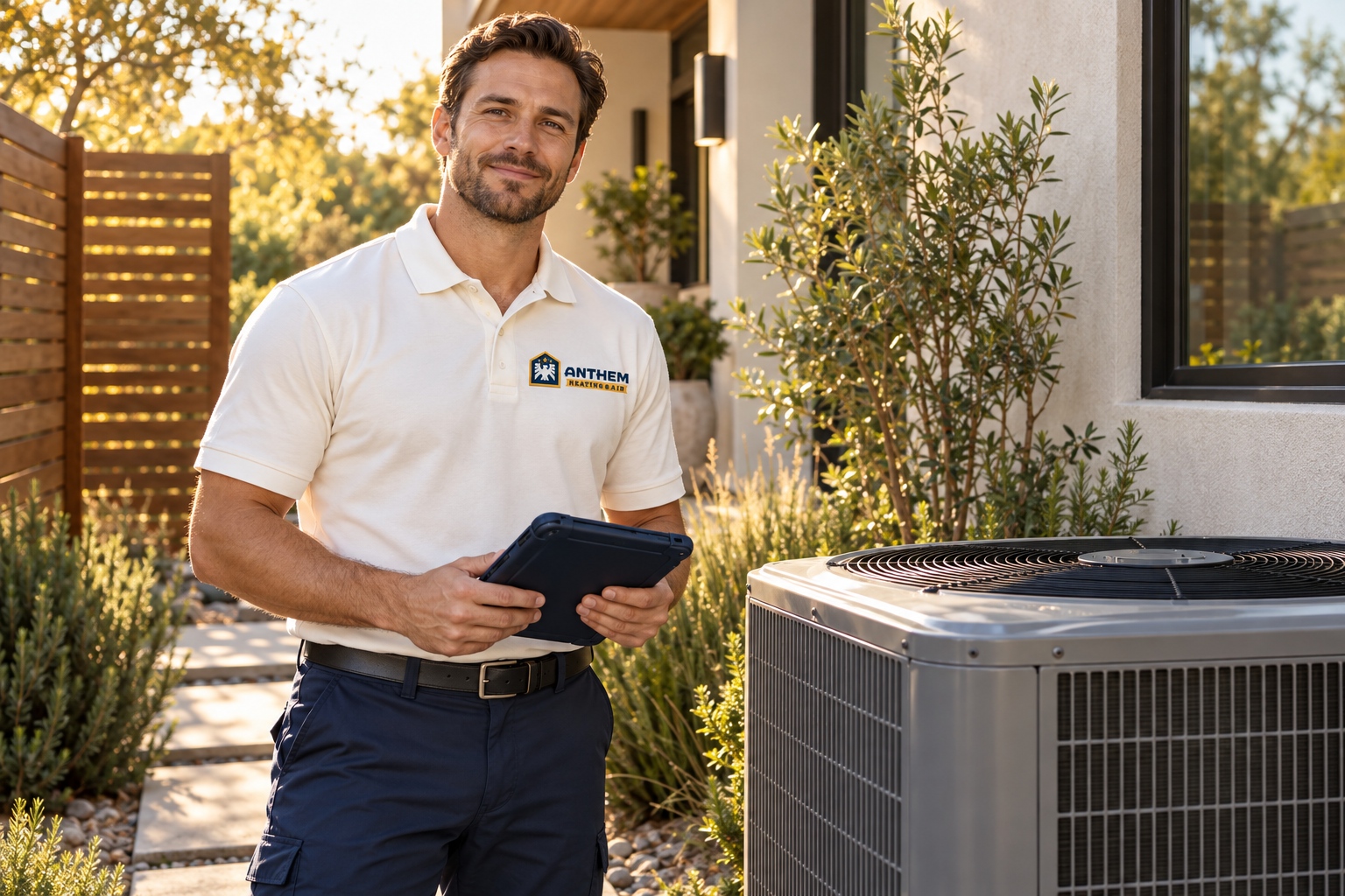 AI-generated brand concept for Anthem Heating & Air: home comfort technician.