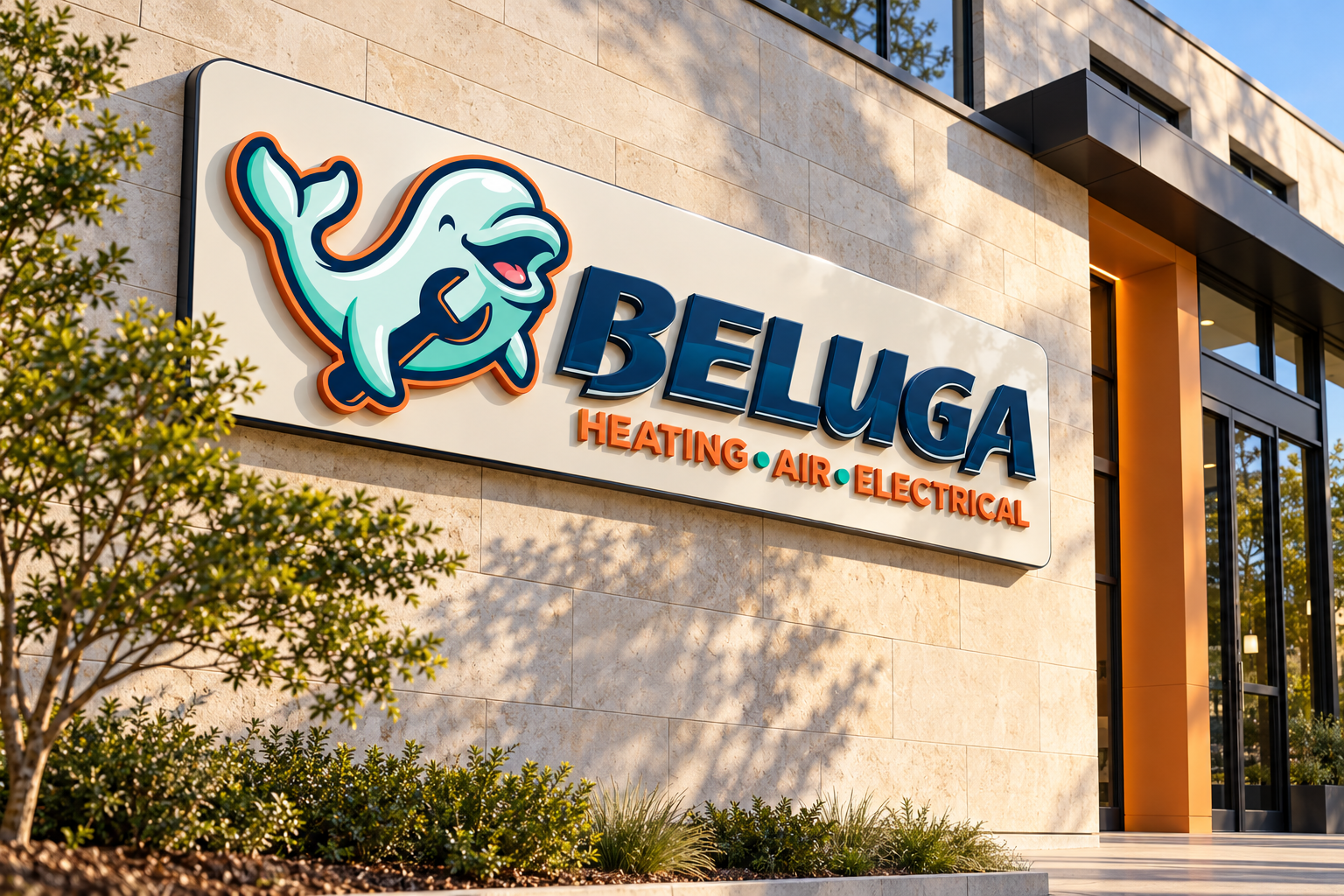 AI-generated brand concept for Beluga Heating & Air: dimensional architectural signage.
