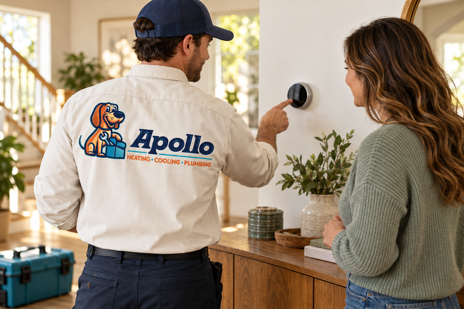 AI-generated brand concept for Apollo Heating Cooling Plumbing: home comfort consultation.
