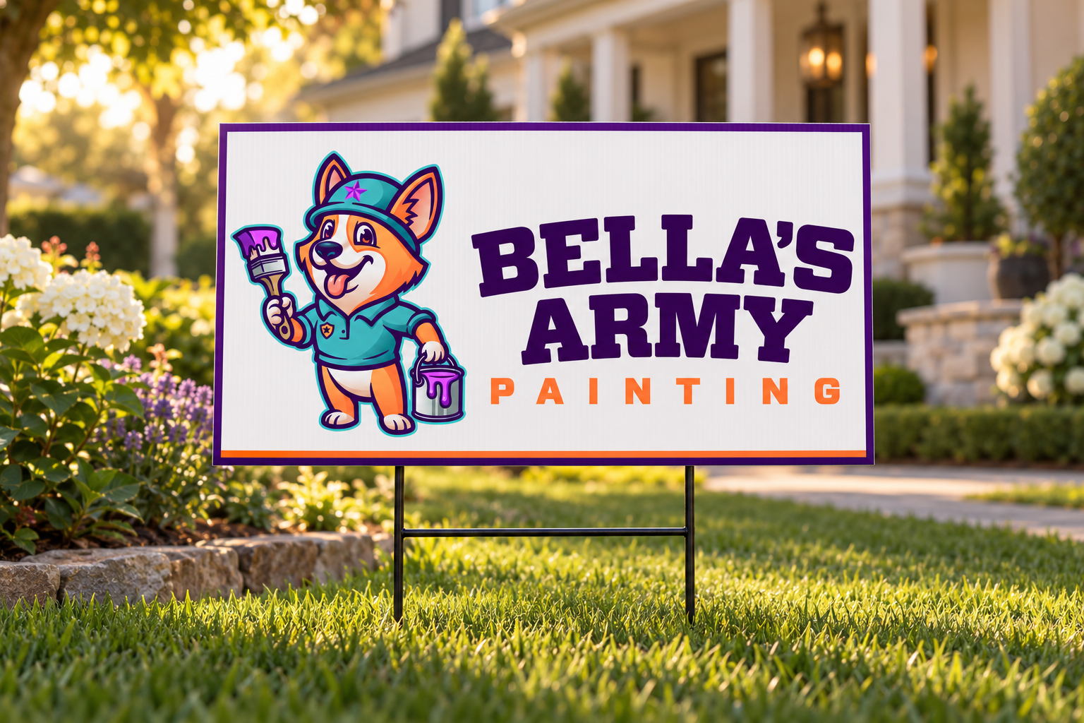 AI-generated brand concept for Bella’s Army Painting: residential yard sign.