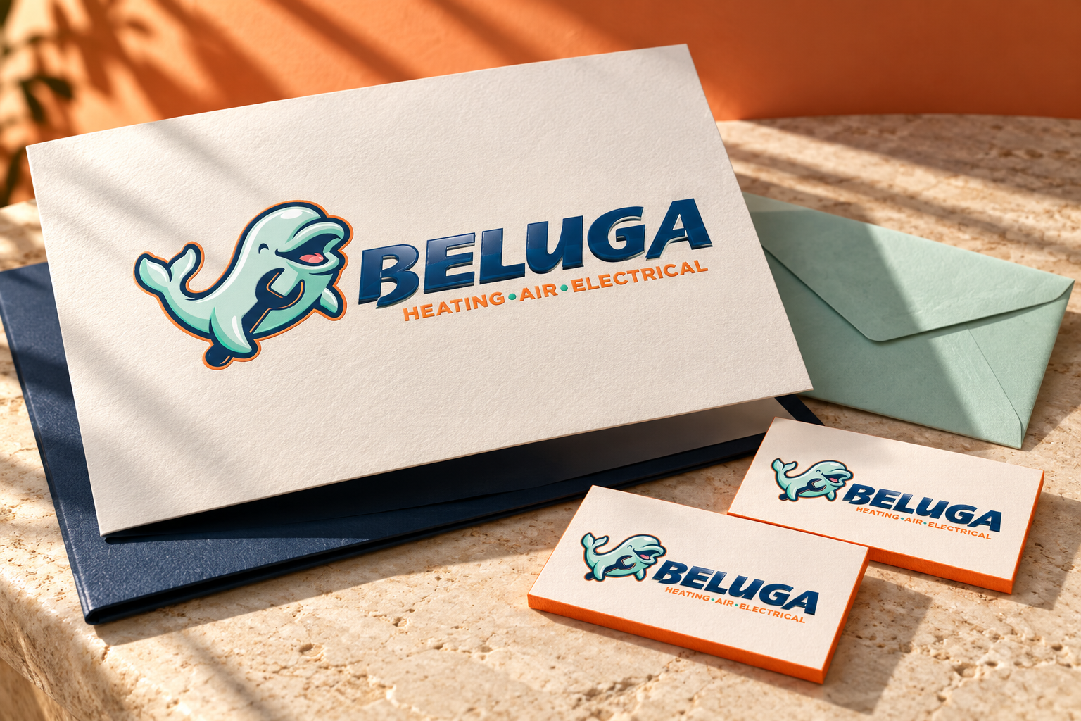 AI-generated brand concept for Beluga Heating & Air: tactile brand collateral.
