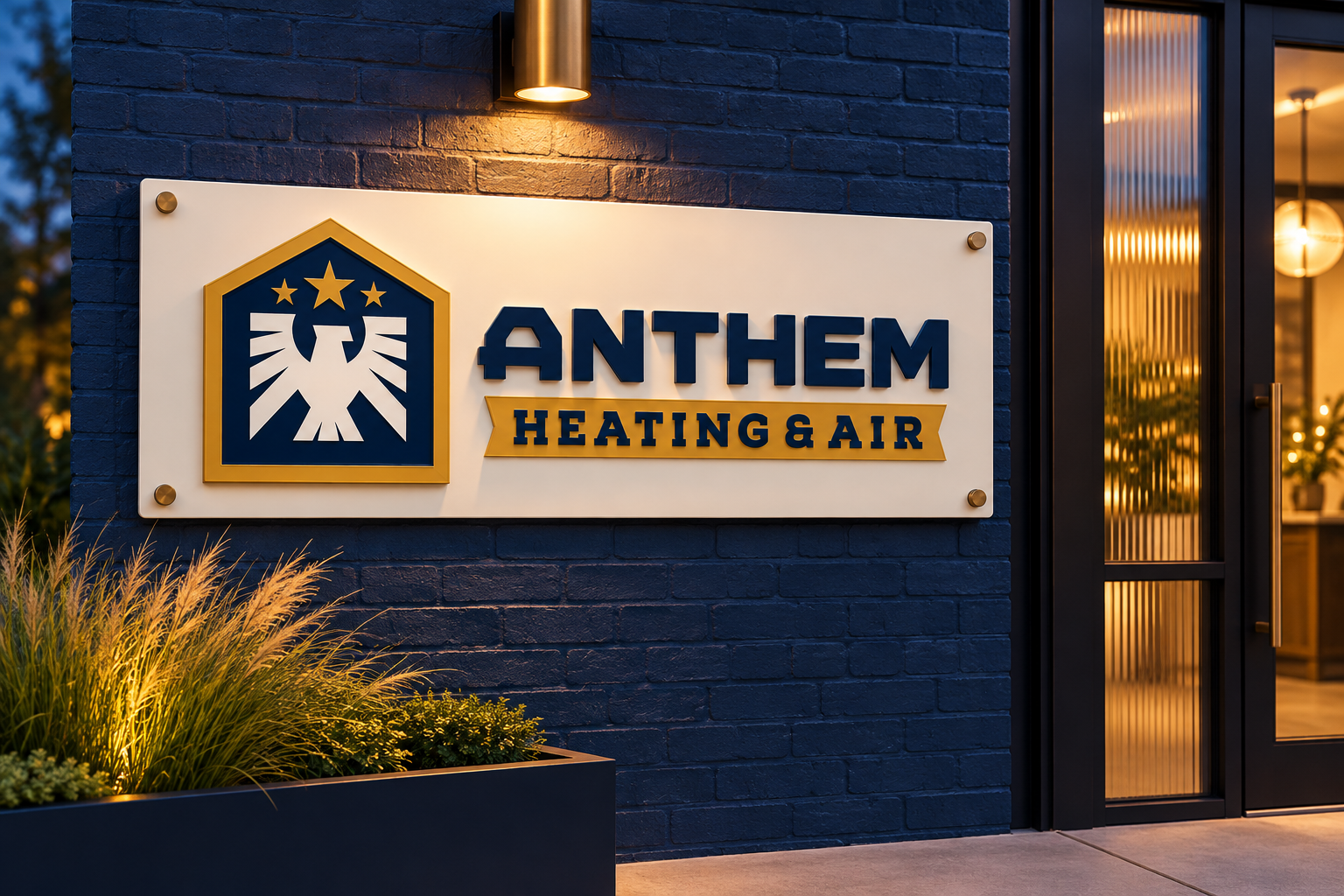 AI-generated brand concept for Anthem Heating & Air: dimensional entrance sign.