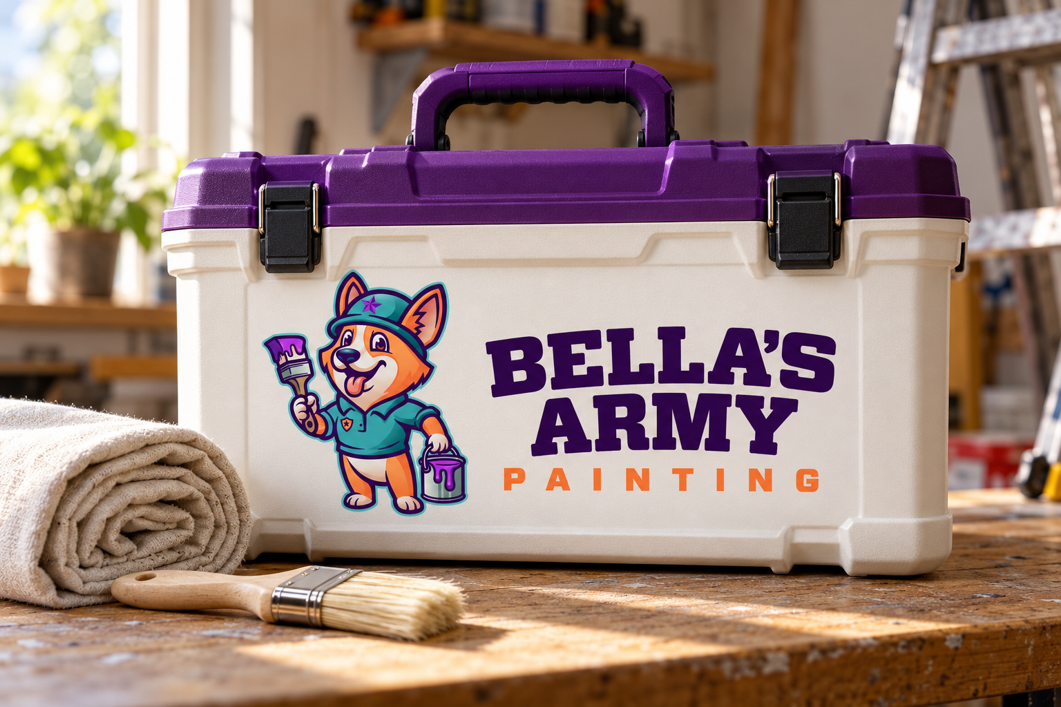 AI-generated brand concept for Bella’s Army Painting: jobsite equipment case.
